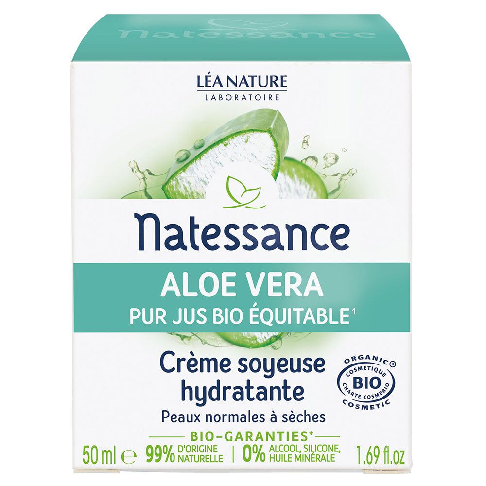Verpakking met productafbeelding. Opschrift: Natessance, Aloe Vera, Crème soyeuse hydratante. Bio-certificering.