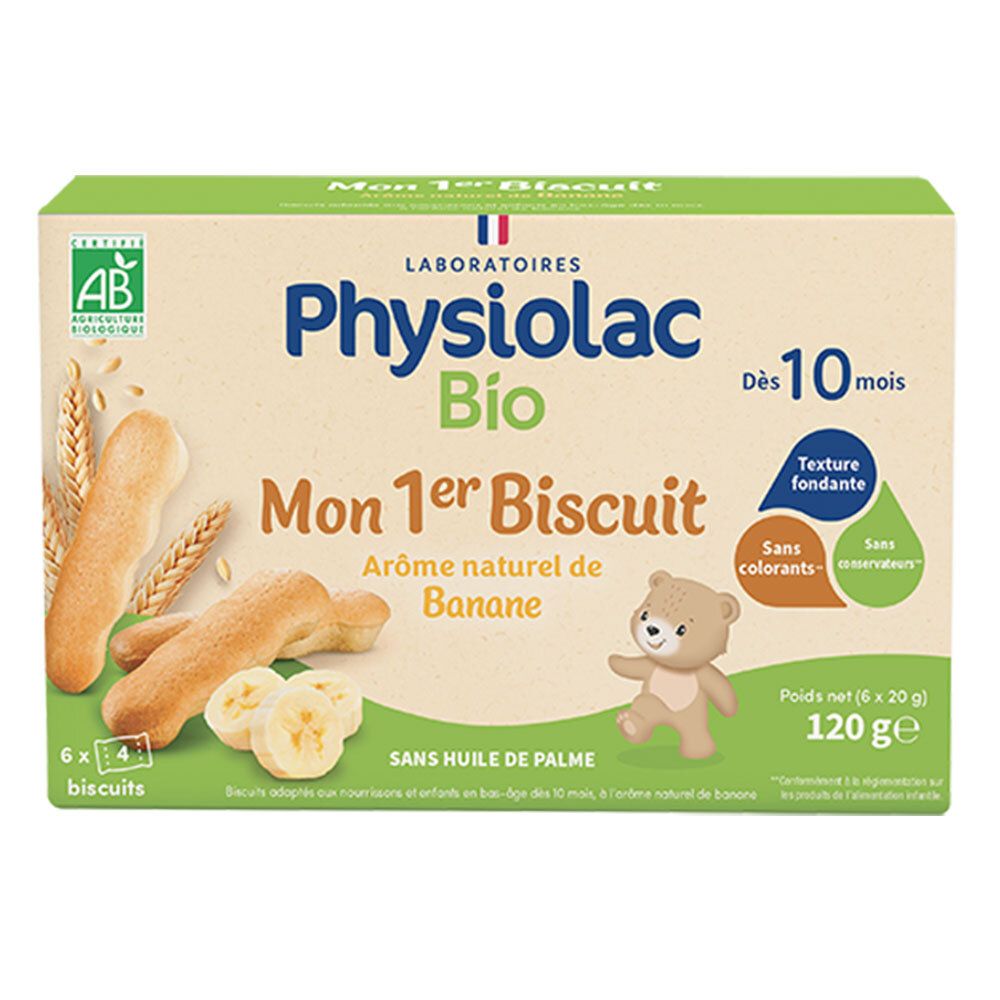 Verpakking Physiolac Bio Mon 1er Biscuit Banane. Bevat 6 x 4 koekjes. AB-keurmerk. Voor baby's vanaf 10 maanden.