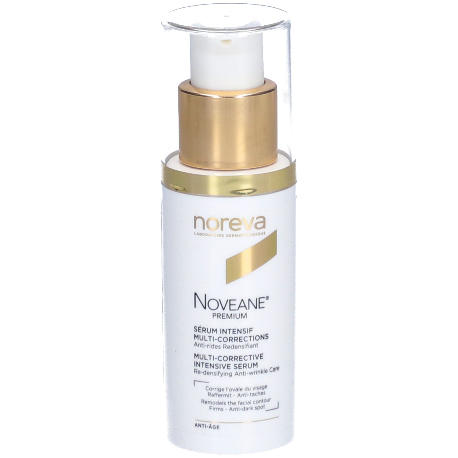 Witte fles met gouden dop en pomp. Opschrift: Noveane® Sérum intensif multicorrecteur. Merk: Noreva.