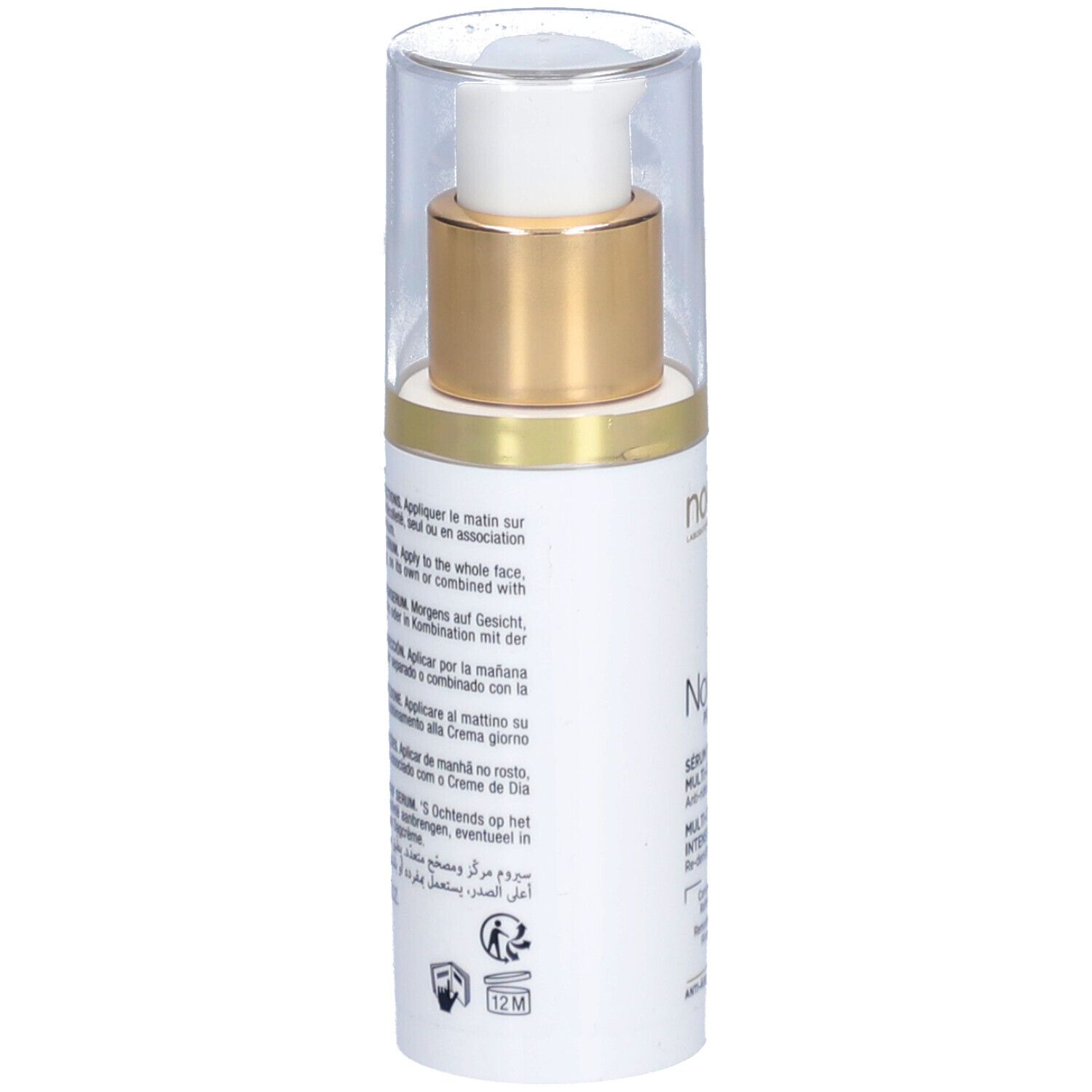 Witte fles met gouden dop en pomp. Meertalige tekst. Merk: Noreva. Product: Noveane® Sérum intensif.