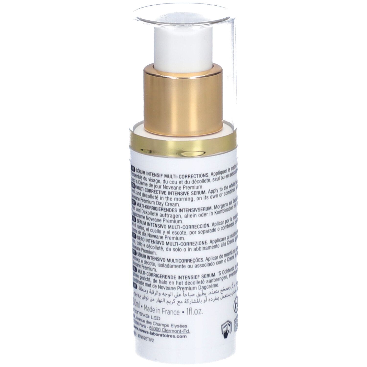 Witte fles met gouden dop en pomp. Meertalige tekst. Merk: Noreva. Product: Noveane® Sérum intensif.