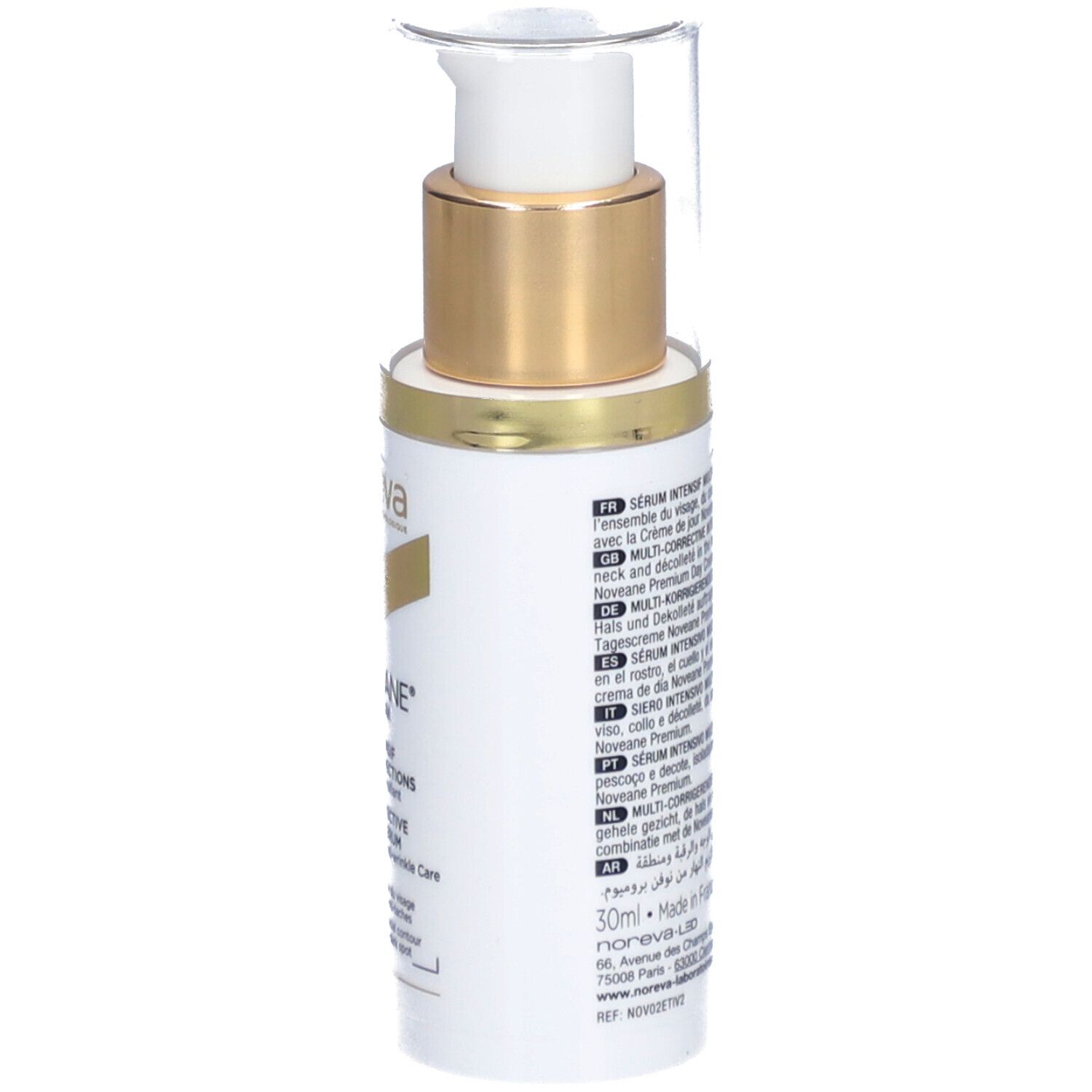 Witte fles met gouden dop en pomp. Meertalige tekst. Merk: Noreva. Product: Noveane® Sérum intensif.