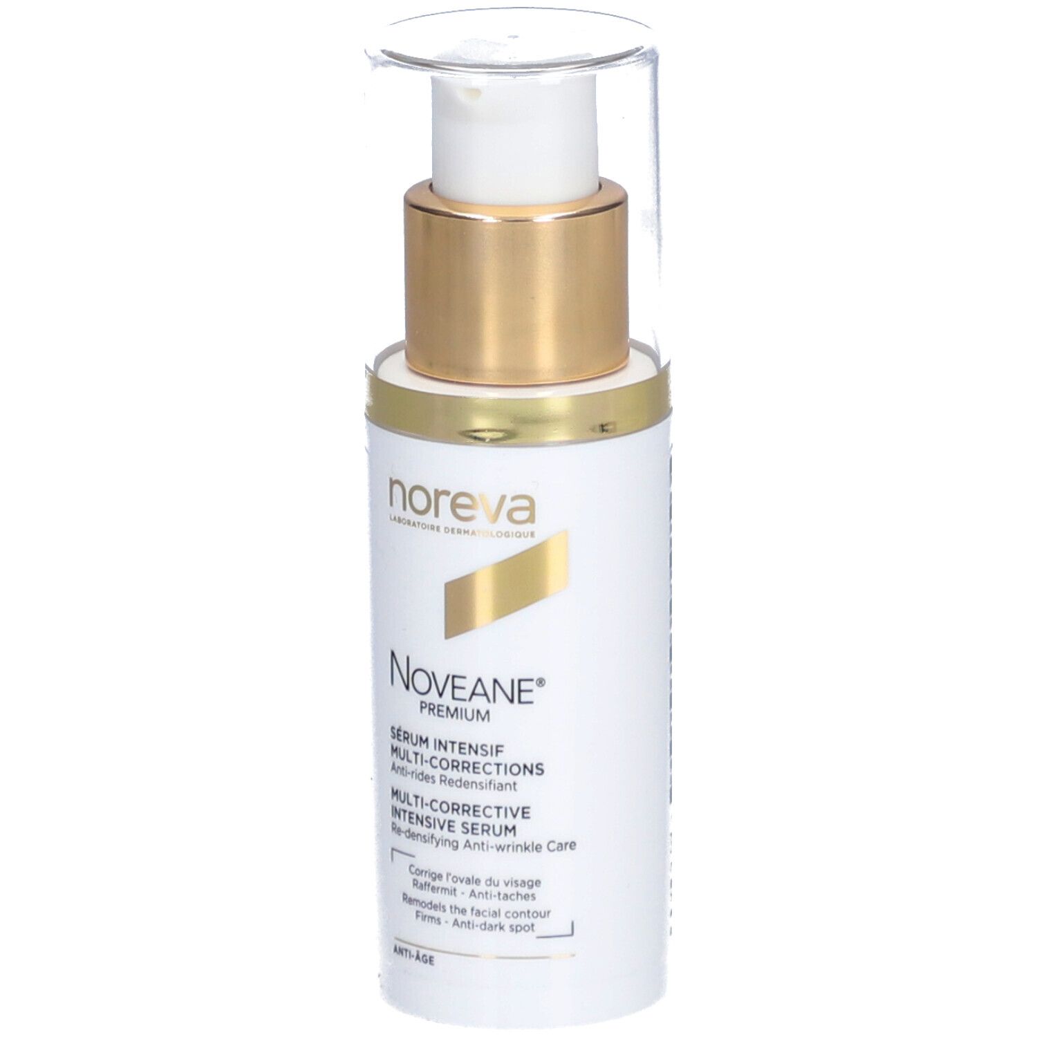 Witte fles met gouden dop en pomp. Opschrift: Noveane® Sérum intensif multicorrecteur. Merk: Noreva.