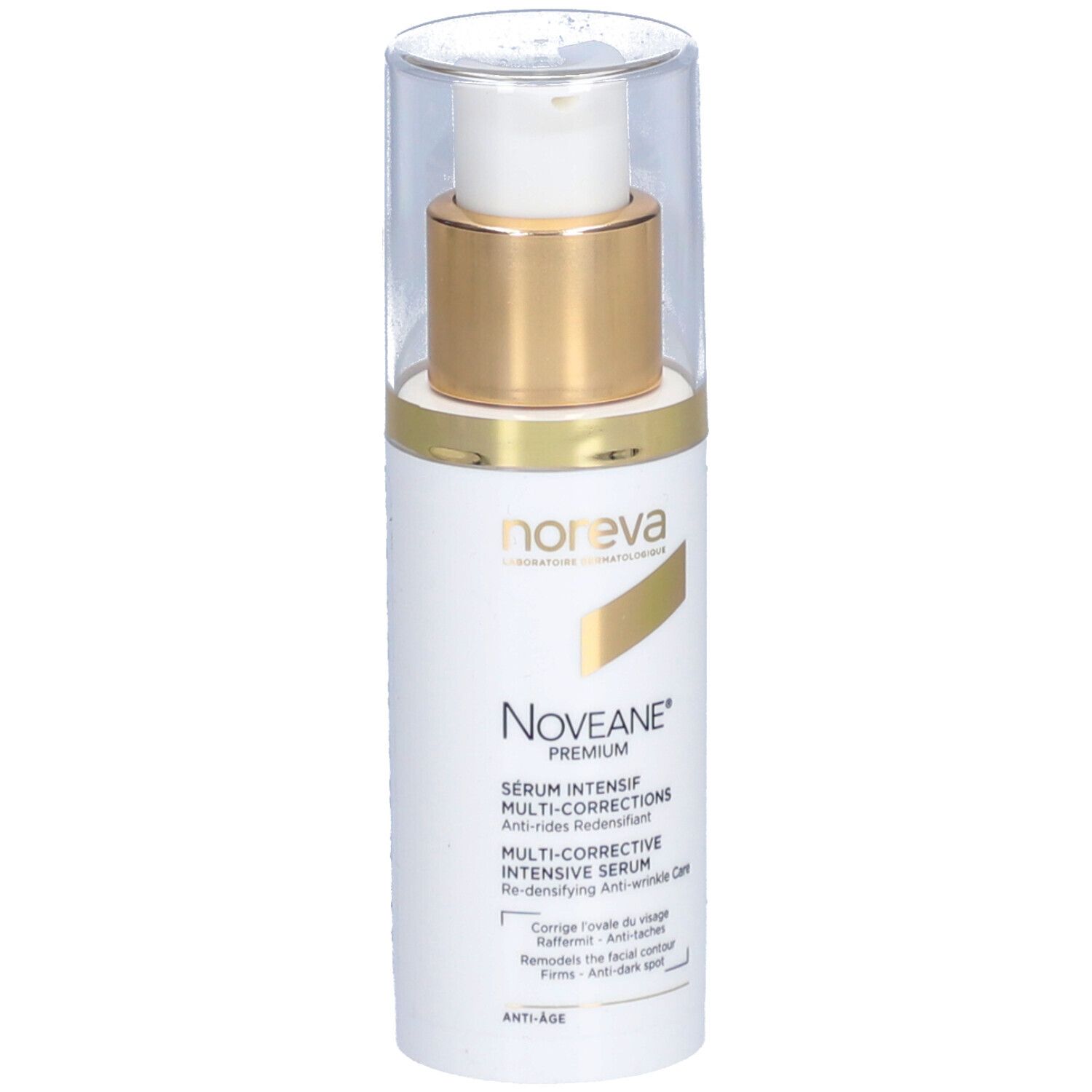 Witte fles met gouden dop en pomp. Opschrift: Noveane® Sérum intensif multicorrecteur. Merk: Noreva.