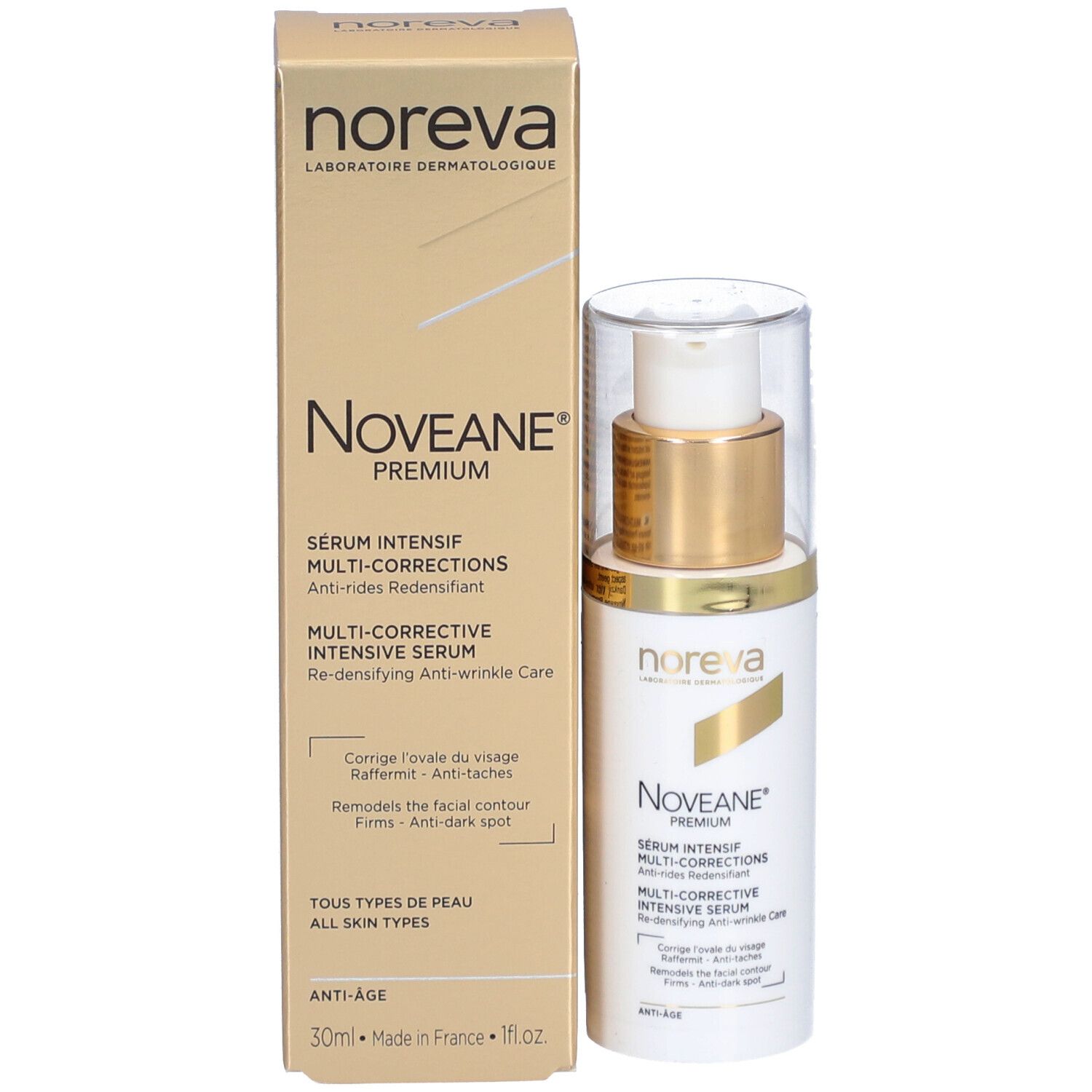 Productverpakking en fles. Opschrift: Noveane® Sérum intensif multicorrecteur. Merk: Noreva. Verpakking: doos.