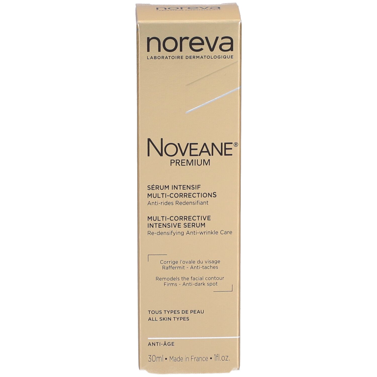 Kartonnen verpakking. Opschrift: Noveane® Sérum intensif multicorrecteur. Merk: Noreva. Tekst: Alle huidtypen.