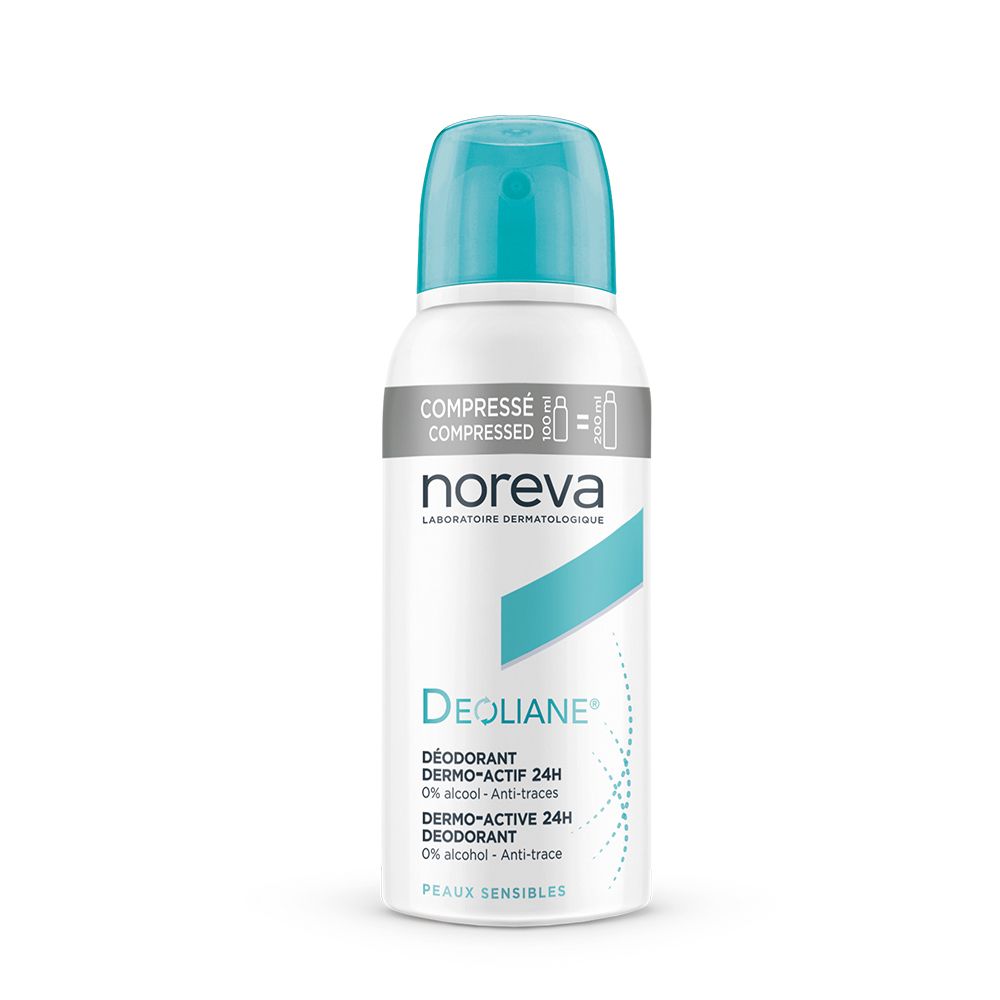 Déodorant blanc avec bouchon bleu. Inscriptions : Noreva, Deoliane, Dermo-Actif 24H. Pour peaux sensibles.