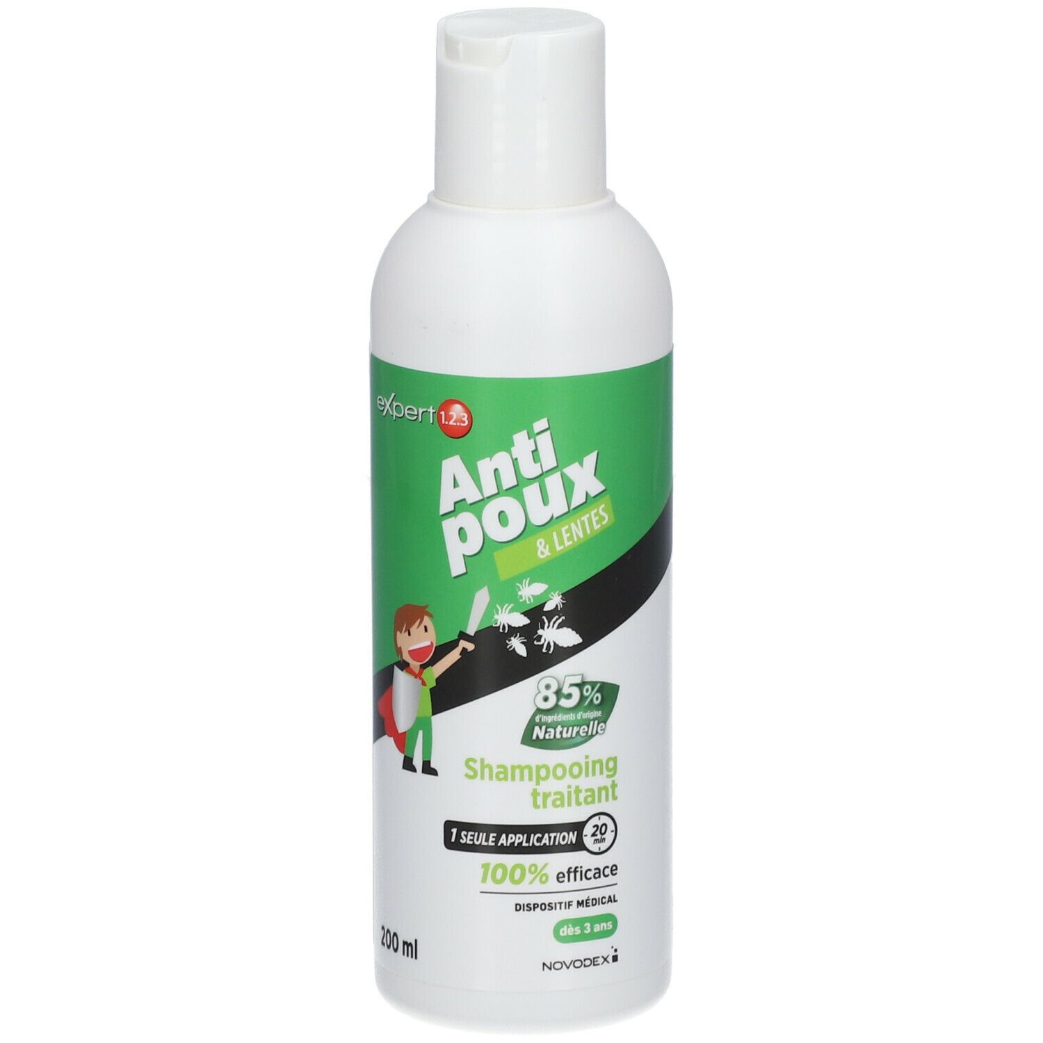 Witte fles, groen etiket. Tekst: Anti-poux & lentes, Shampooing traitant. 85% Naturelle, 100% efficace. Novodex.
