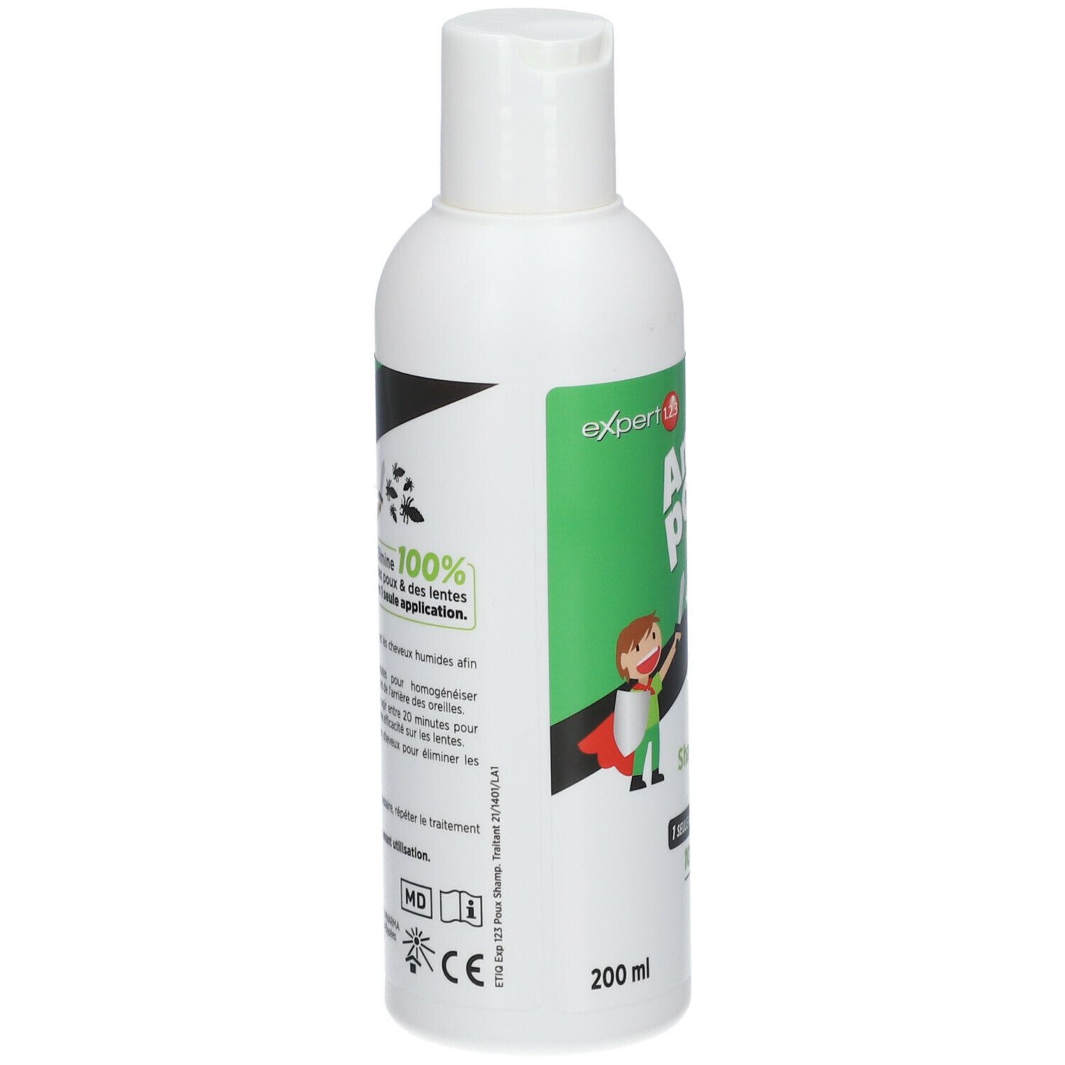 Witte fles, groen etiket. Tekst: Anti-poux & lentes, Shampooing traitant. 85% Naturelle, 100% efficace. Novodex.