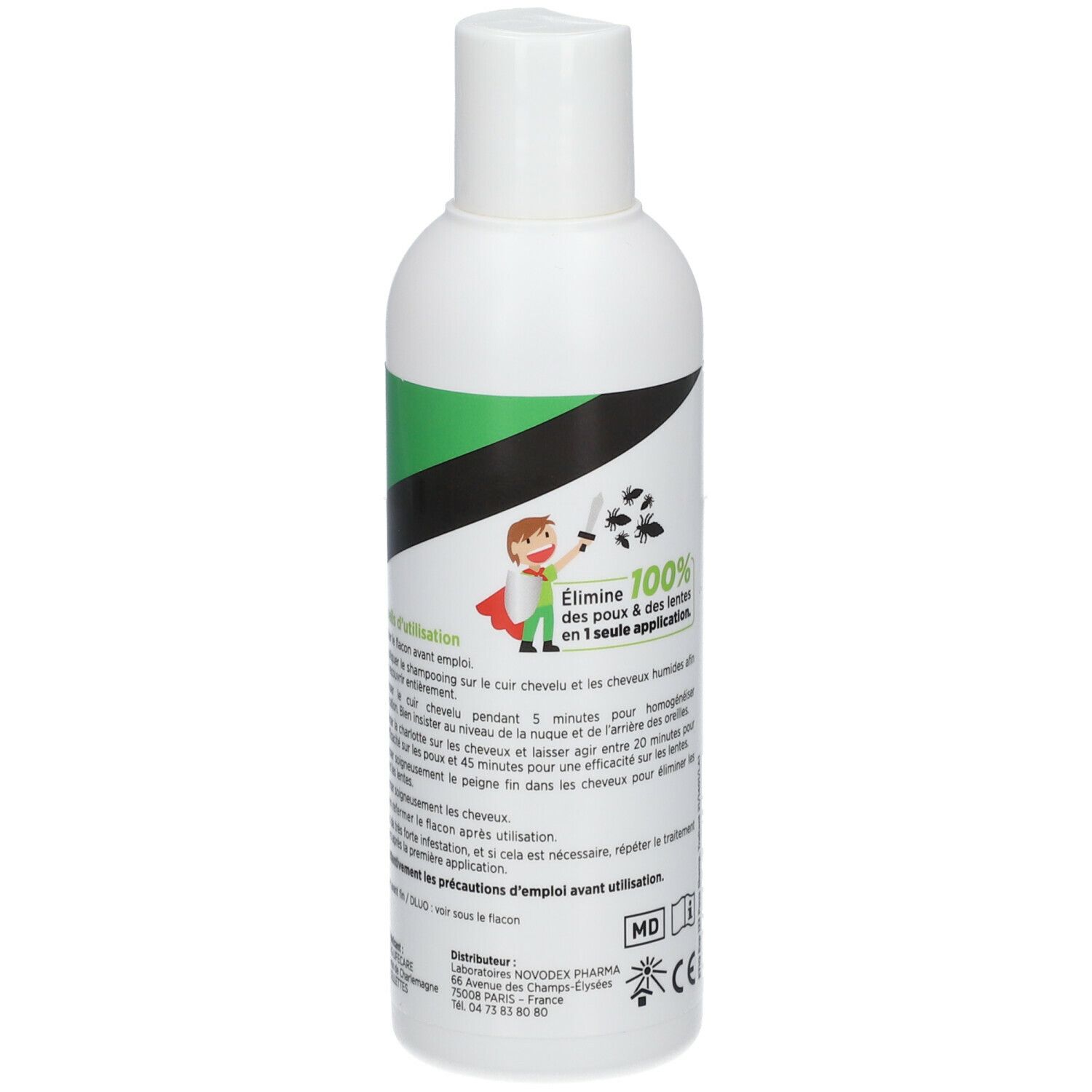 Witte fles, groen etiket. Tekst: Anti-poux & lentes, Shampooing traitant. 85% Naturelle, 100% efficace. Novodex.