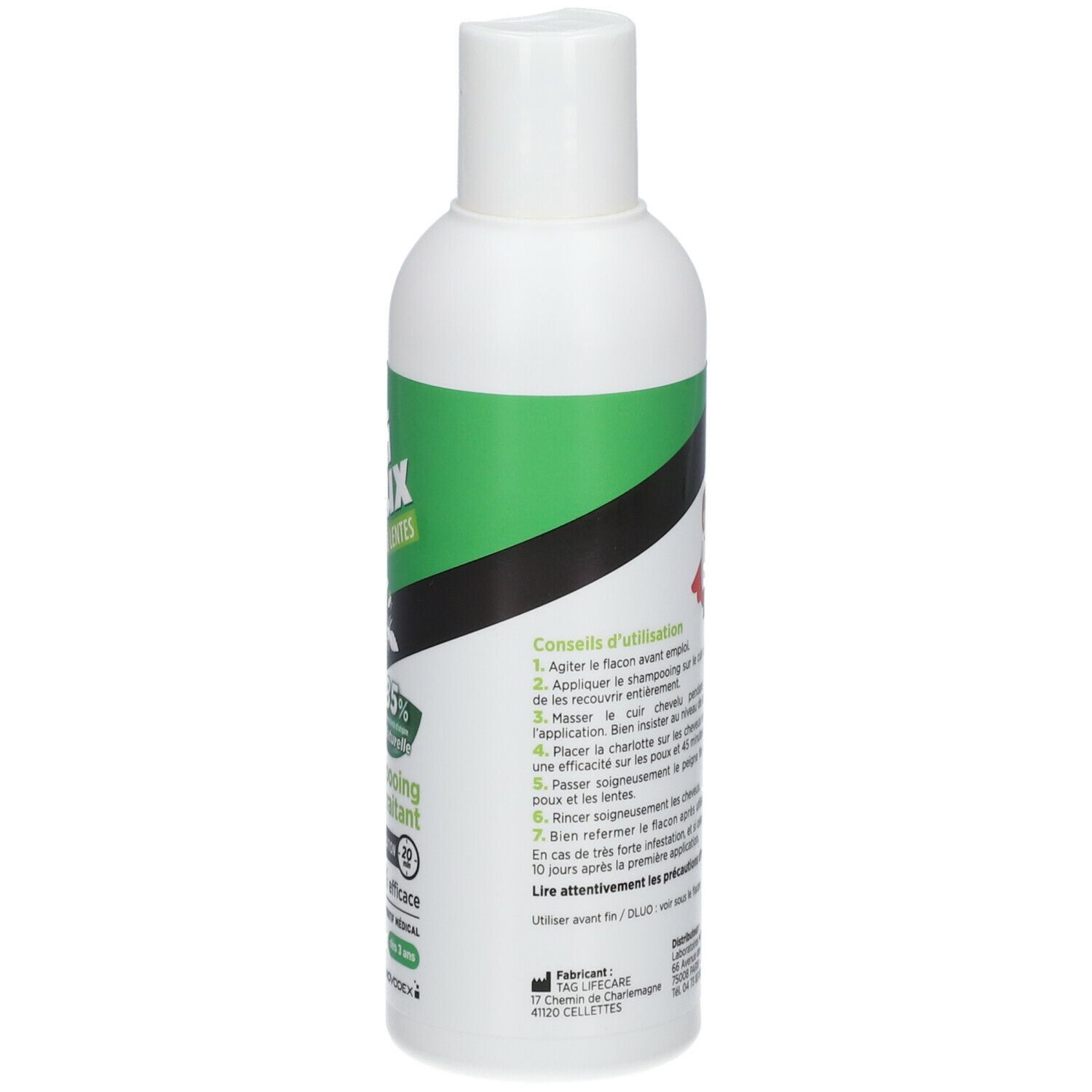 Witte fles, groen etiket. Tekst: Anti-poux & lentes, Shampooing traitant. 85% Naturelle, 100% efficace. Novodex.