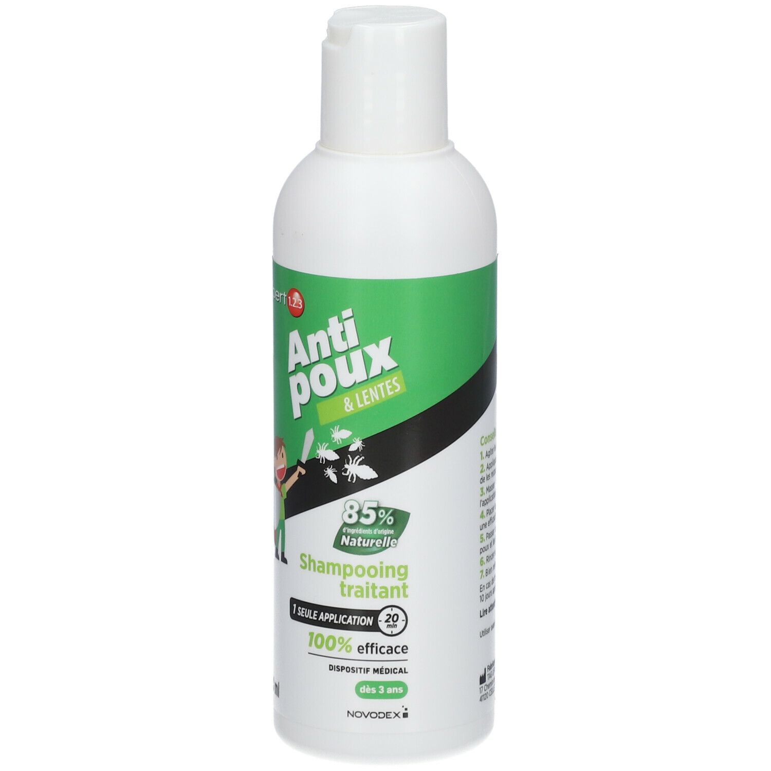 Witte fles, groen etiket. Tekst: Anti-poux & lentes, Shampooing traitant. 85% Naturelle, 100% efficace. Novodex.