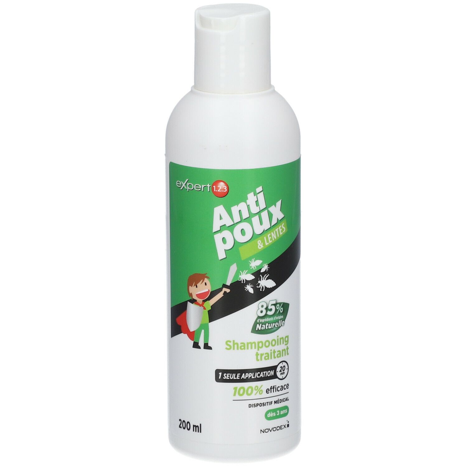 Witte fles, groen etiket. Tekst: Anti-poux & lentes, Shampooing traitant. 85% Naturelle, 100% efficace. Novodex.
