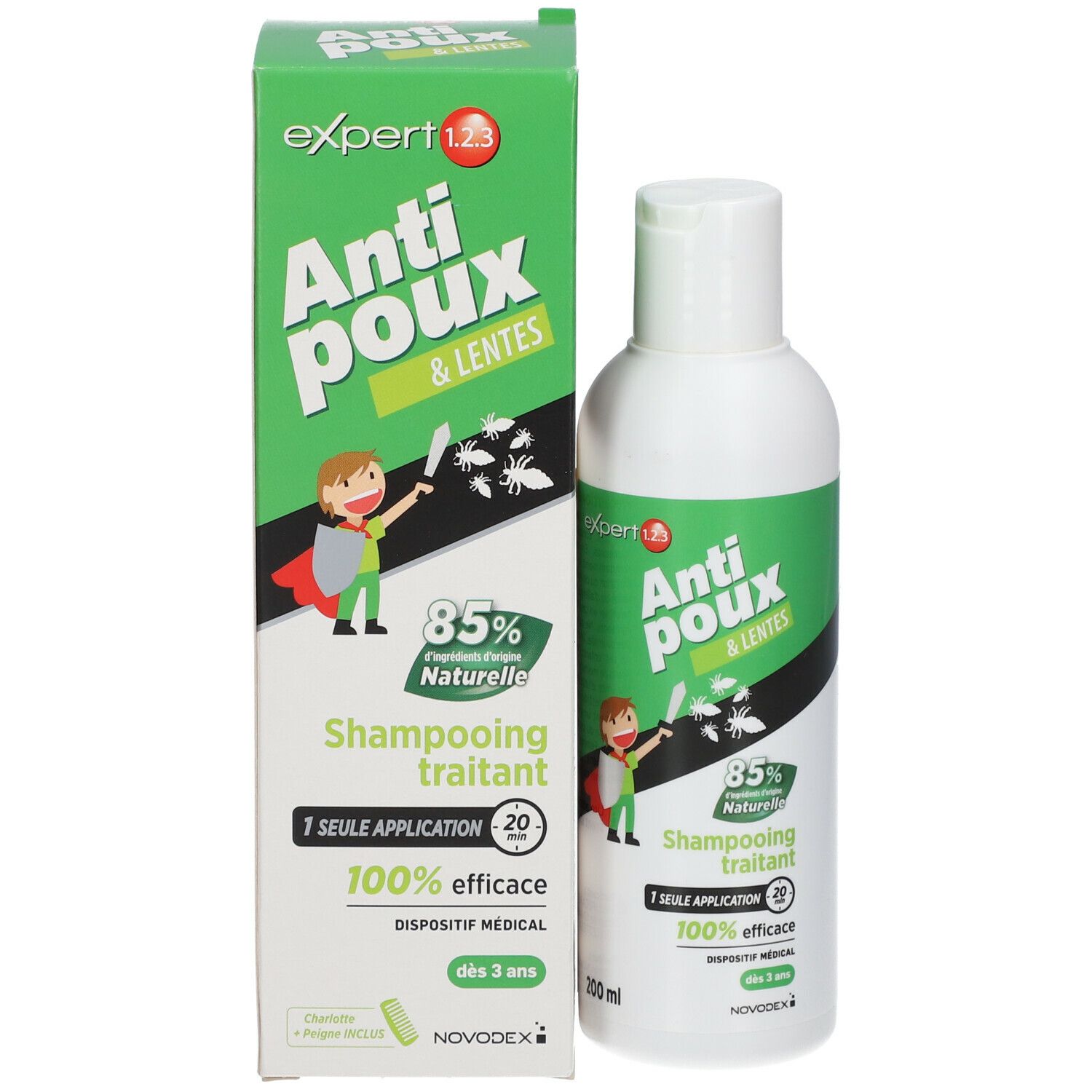 Productverpakking met fles en doos. Tekst: Expert 1.2.3, Anti-poux & lentes, Shampooing traitant. Novodex.