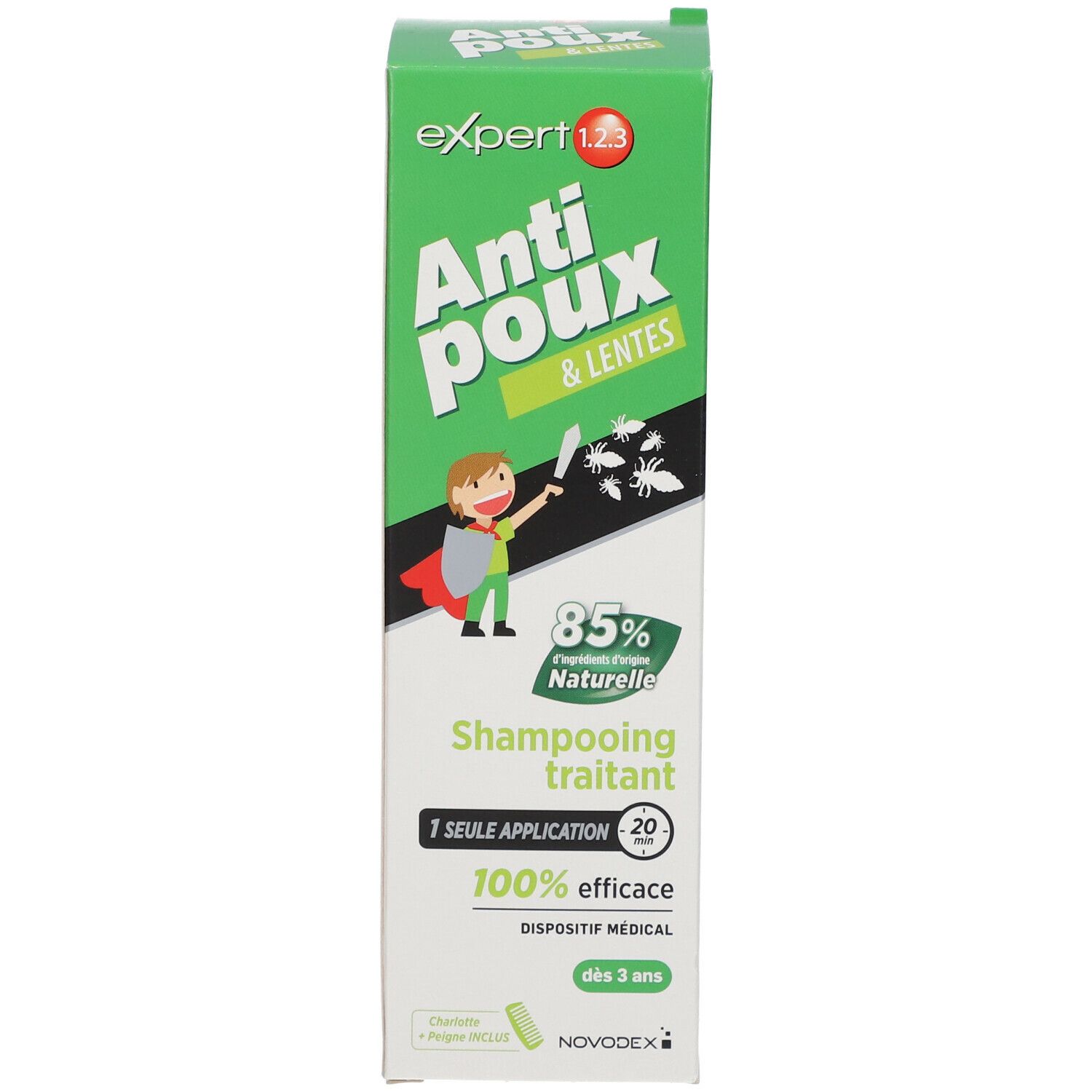 Productverpakking. Tekst: Expert 1.2.3, Anti-poux & lentes, Shampooing traitant. 85% Naturelle, 100% efficace. Novodex.