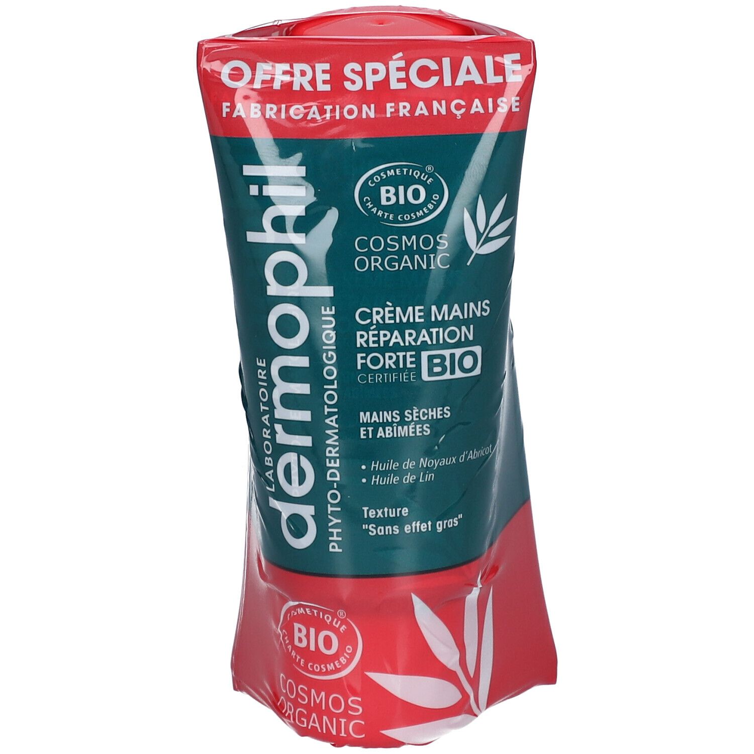 Verpakte tube Crème Mains Reparation Forte Bio. Rood en groen design. Logos en tekst. Certificeringen: Cosmos Organic, Bio. Speciale aanbieding.