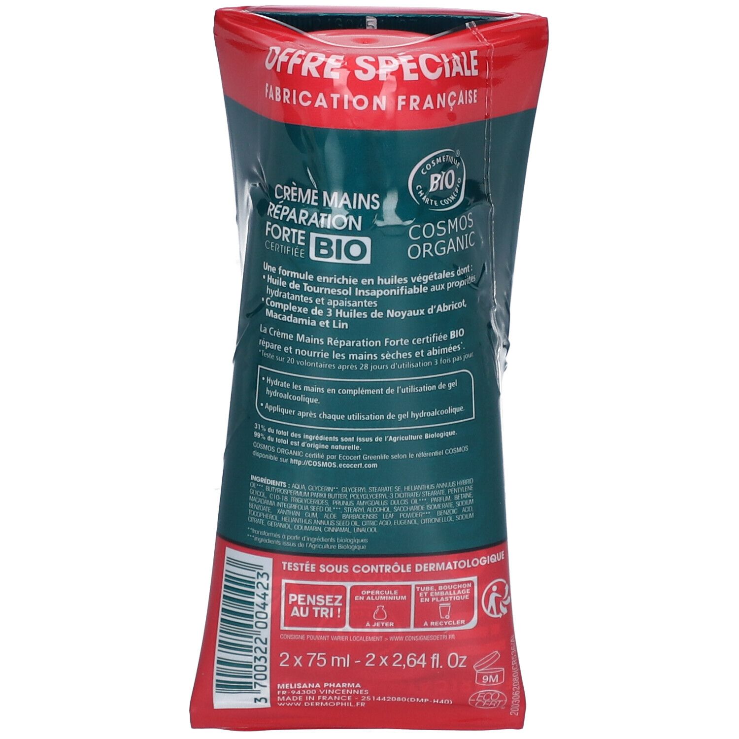 Achterkant tube Crème Mains Reparation Forte Bio. Tekst en logo's. Ingrediënten en certificeringen. 2x75ml. Dermatologisch getest.