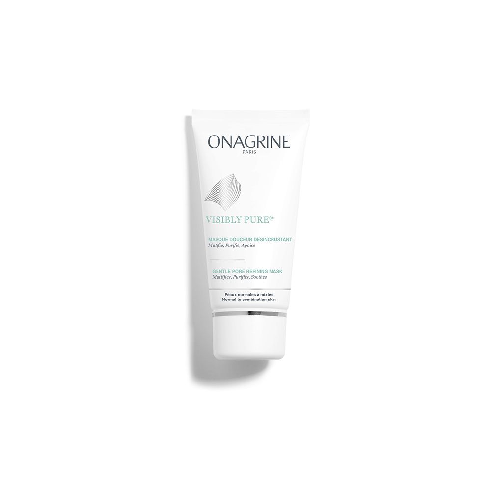 Tube blanc avec nom et texte du produit. Inscription : Visibly Pure. Masque douceur désincrustant.