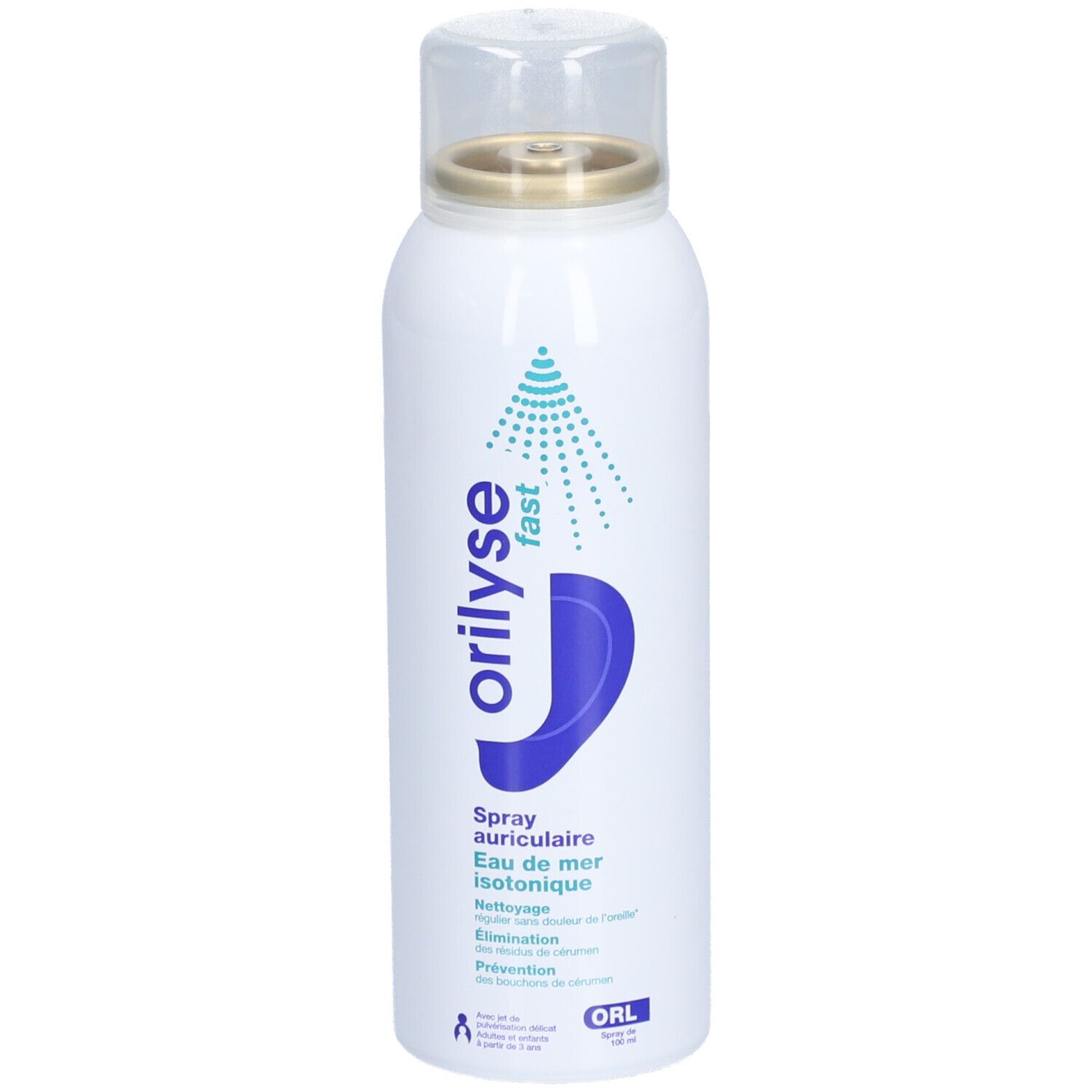 Wit spray met transparante dop. Opschrift: Orilyse fast, Spray auriculaire, Eau de mer isotonique.
