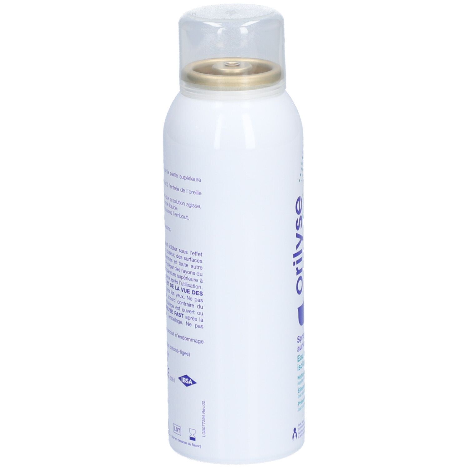 Wit spray, zijaanzicht. Franse tekst. Opschrift: Orilyse fast, Spray auriculaire, Eau de mer isotonique.