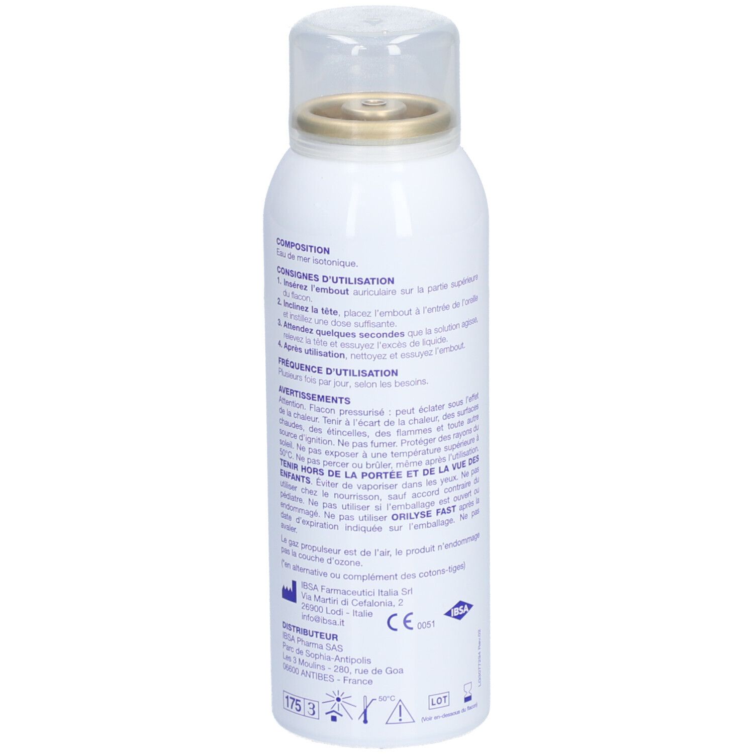 Wit spray, achteraanzicht. Franse tekst. Opschrift: Orilyse fast, Spray auriculaire, Eau de mer isotonique.