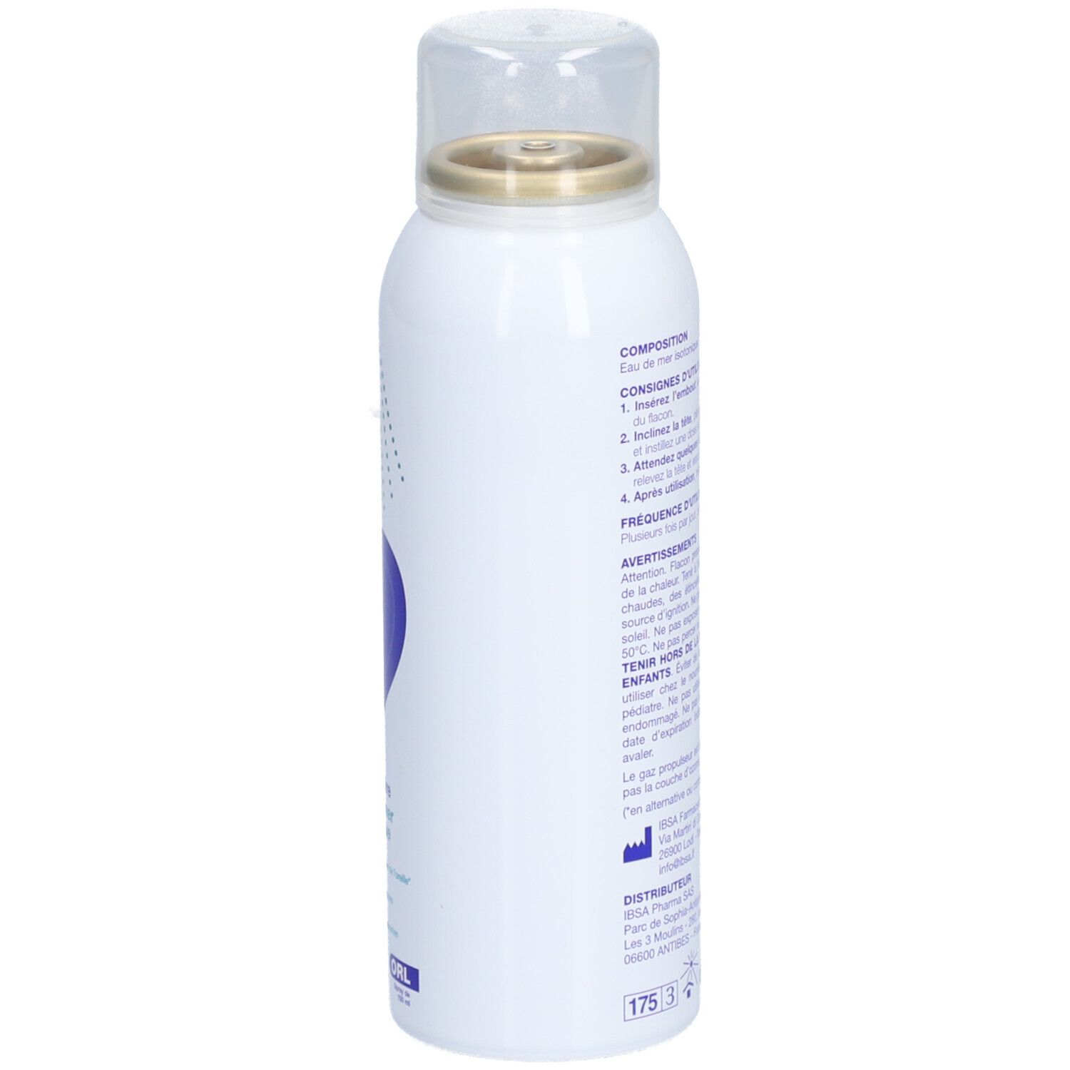 Wit spray, zijaanzicht. Franse tekst. Opschrift: Orilyse fast, Spray auriculaire, Eau de mer isotonique.