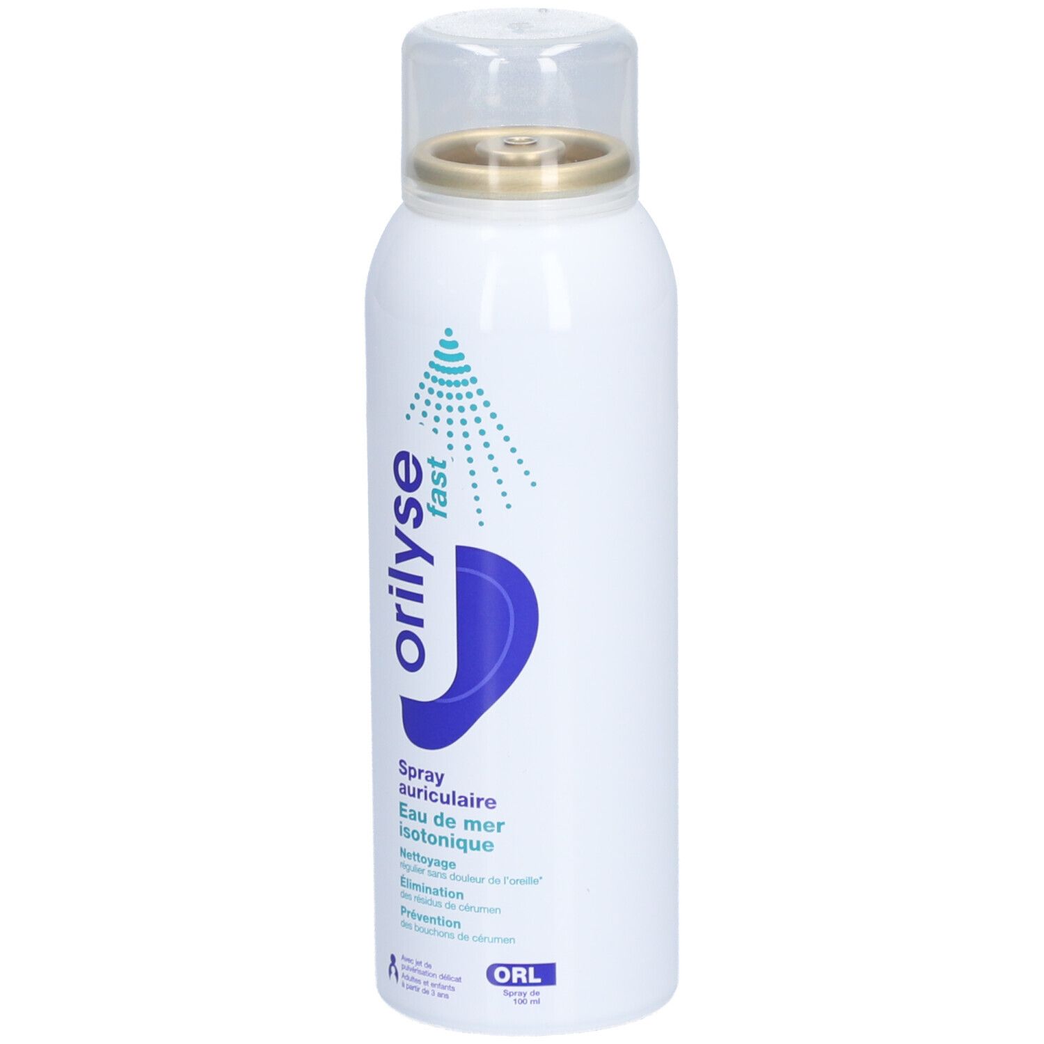Wit spray met transparante dop. Opschrift: Orilyse fast, Spray auriculaire, Eau de mer isotonique.