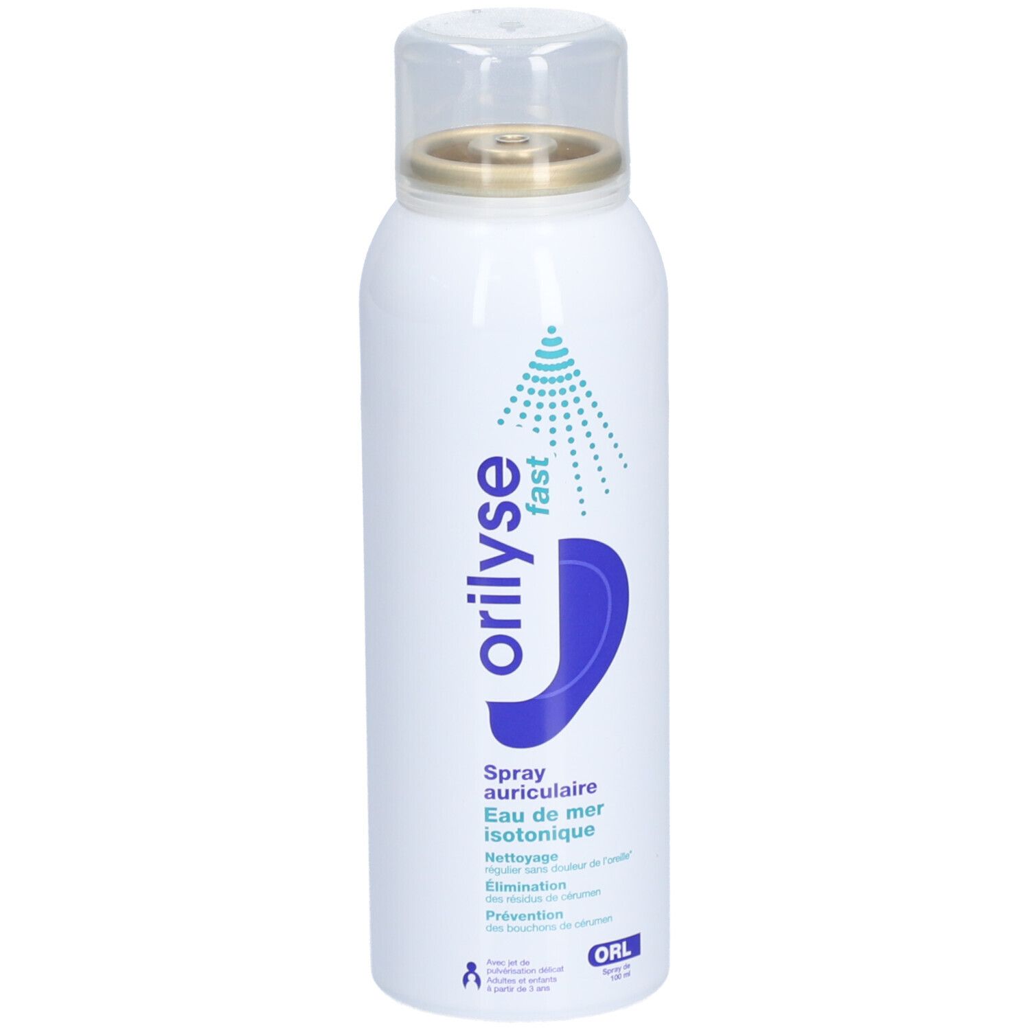 Wit spray met transparante dop. Opschrift: Orilyse fast, Spray auriculaire, Eau de mer isotonique.