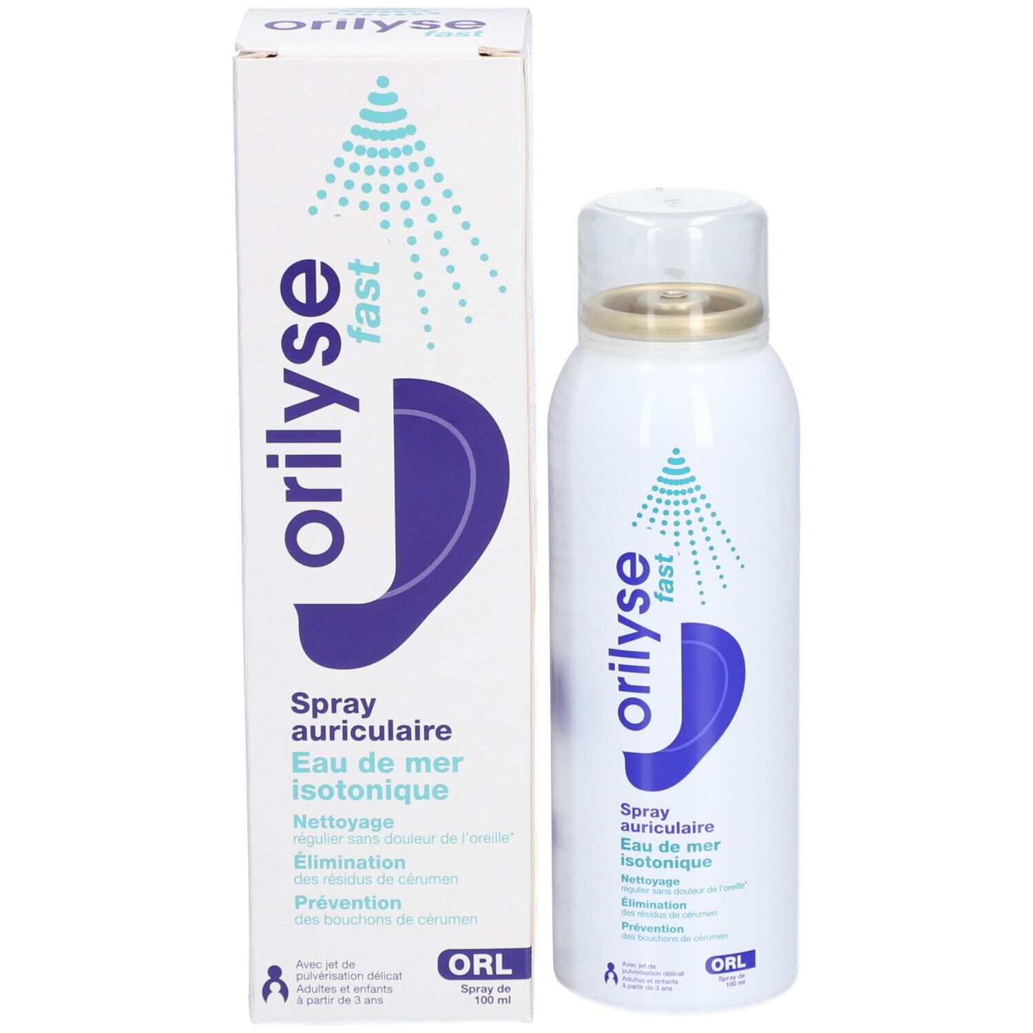 Spray en verpakking. Opschrift: Orilyse fast, Spray auriculaire, Eau de mer isotonique. 100 ml.