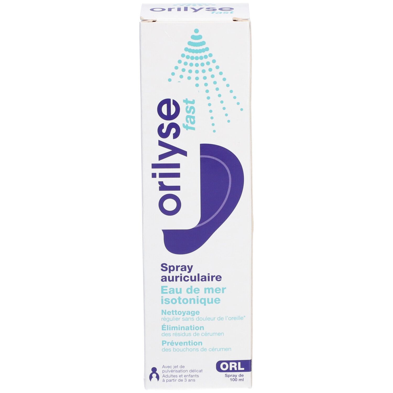 Verpakking. Opschrift: Orilyse fast, Spray auriculaire, Eau de mer isotonique. 100 ml.