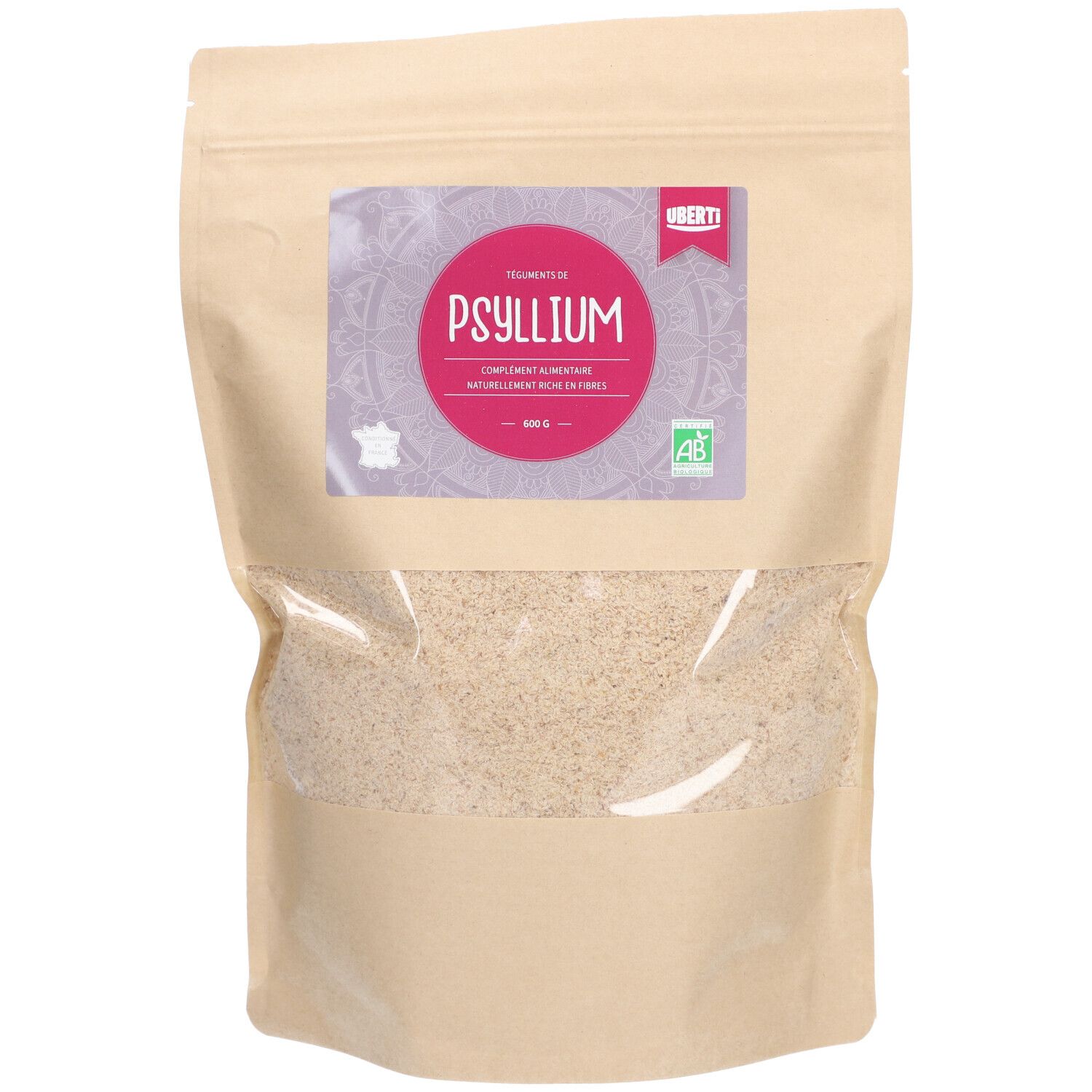 Zakje psyllium blond bio. Label met productnaam en AB-logo. Bruine papieren verpakking met transparant venster.