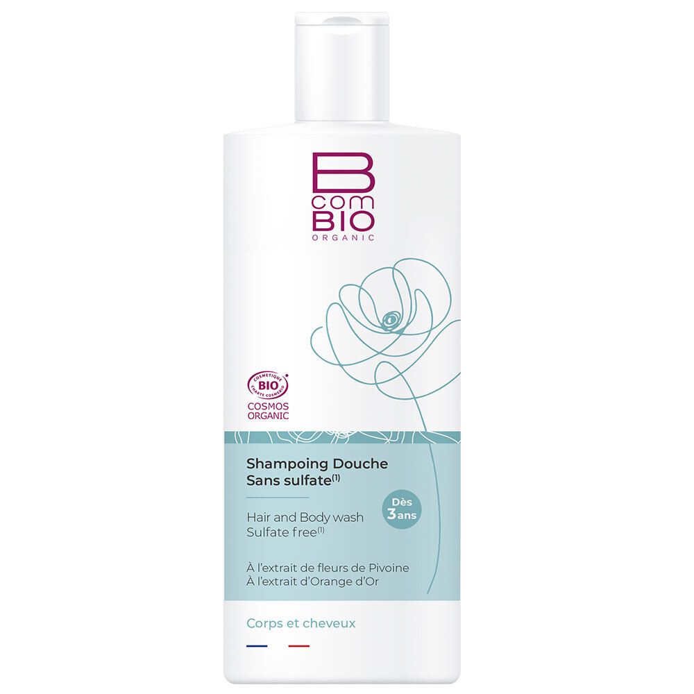 Witte shampoo fles. Opschrift: Bcom Bio, Cosmos Organic. Tekst: Shampoing Douche Sans sulfate. Voor lichaam en haar.