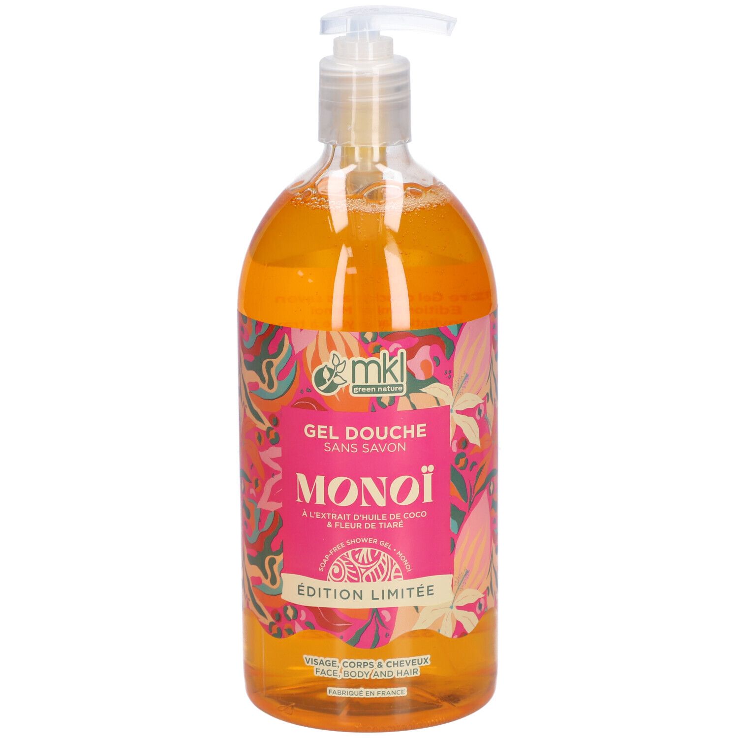 Transparante fles met oranje gel. Roze etiket met tekst: Gel Douche Sans Savon Monoï, Édition Limitée. MKL-logo.