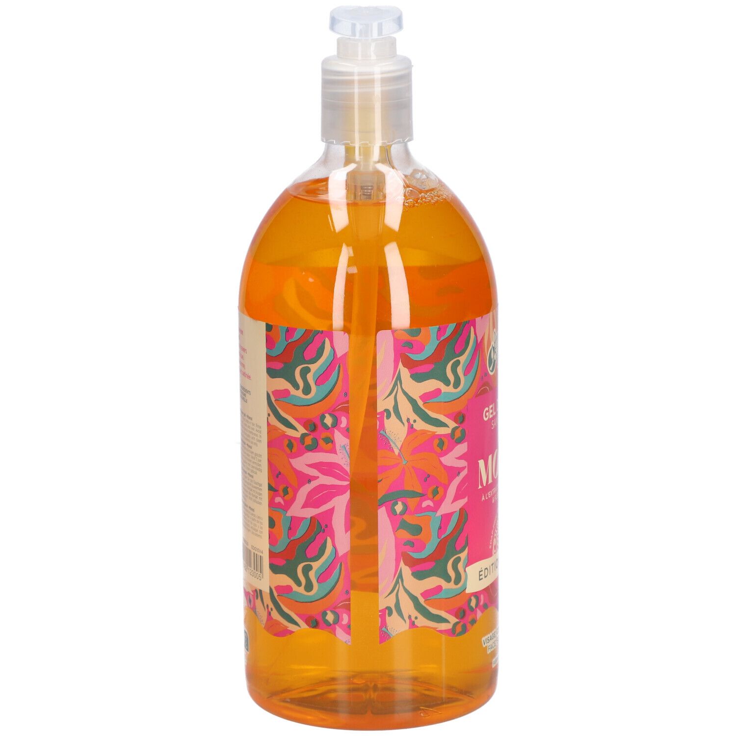 Transparante fles met oranje gel. Roze etiket met tekst. Pompdop. MKL-logo.