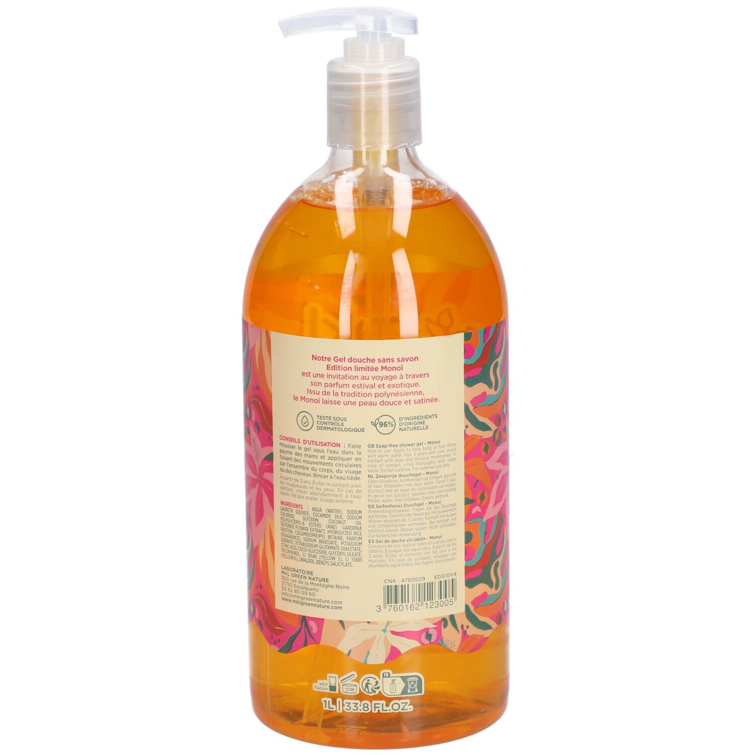 Achterkant van een transparante fles met oranje gel. Etiket met tekst. Pompdop. MKL-logo.