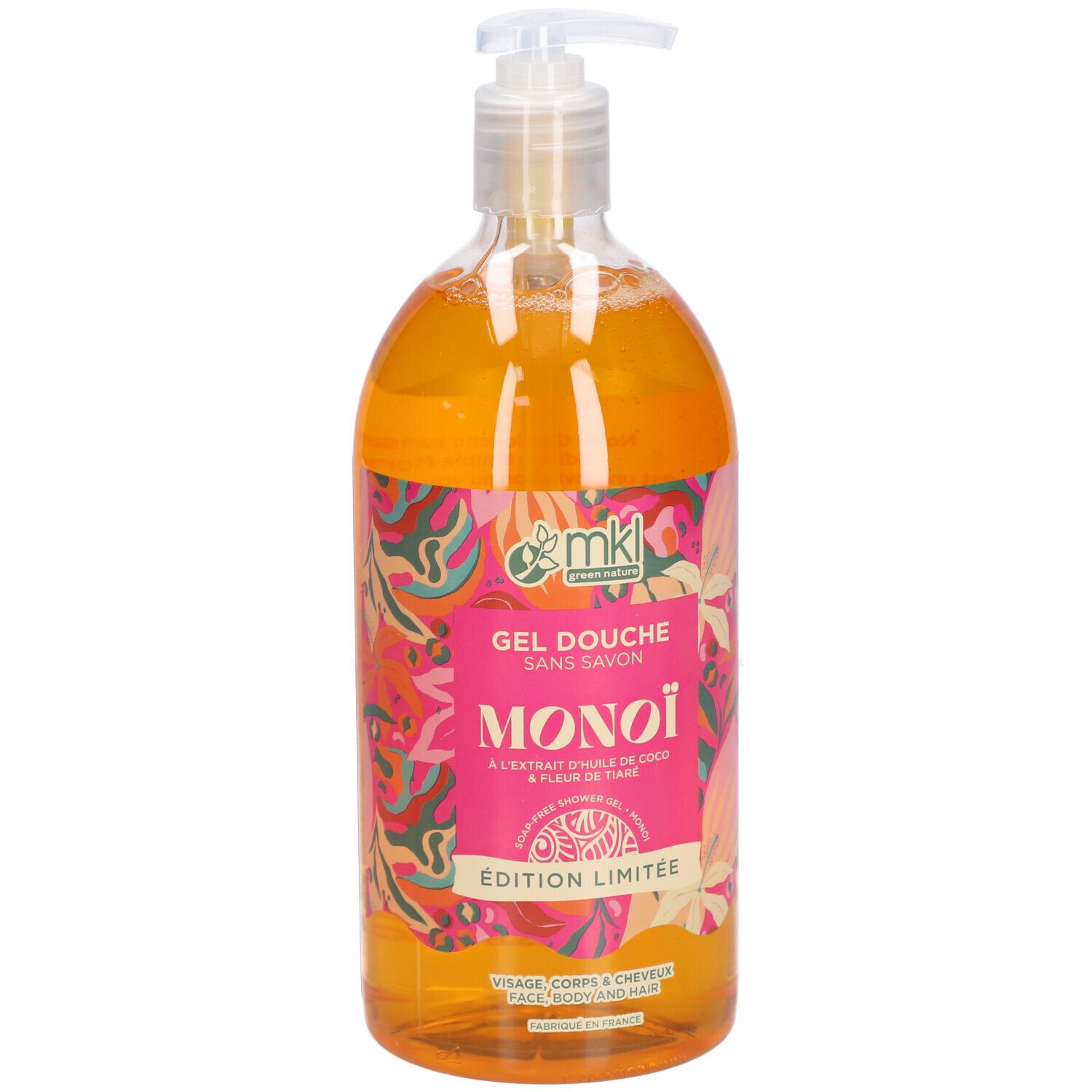 Transparante fles met oranje gel. Roze etiket met tekst: Gel Douche Sans Savon Monoï, Édition Limitée. MKL-logo.