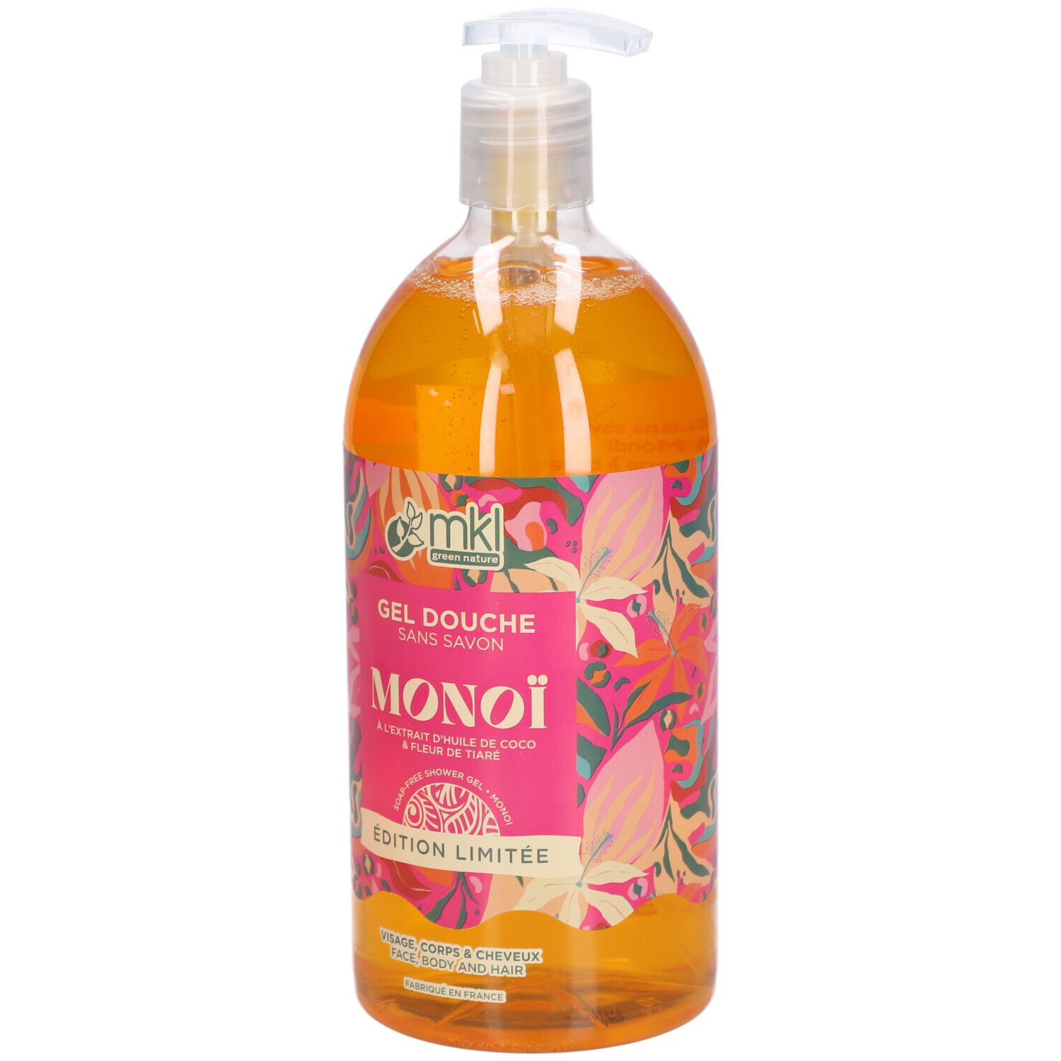 Transparante fles met oranje gel. Roze etiket met tekst: Gel Douche Sans Savon Monoï, Édition Limitée. MKL-logo.