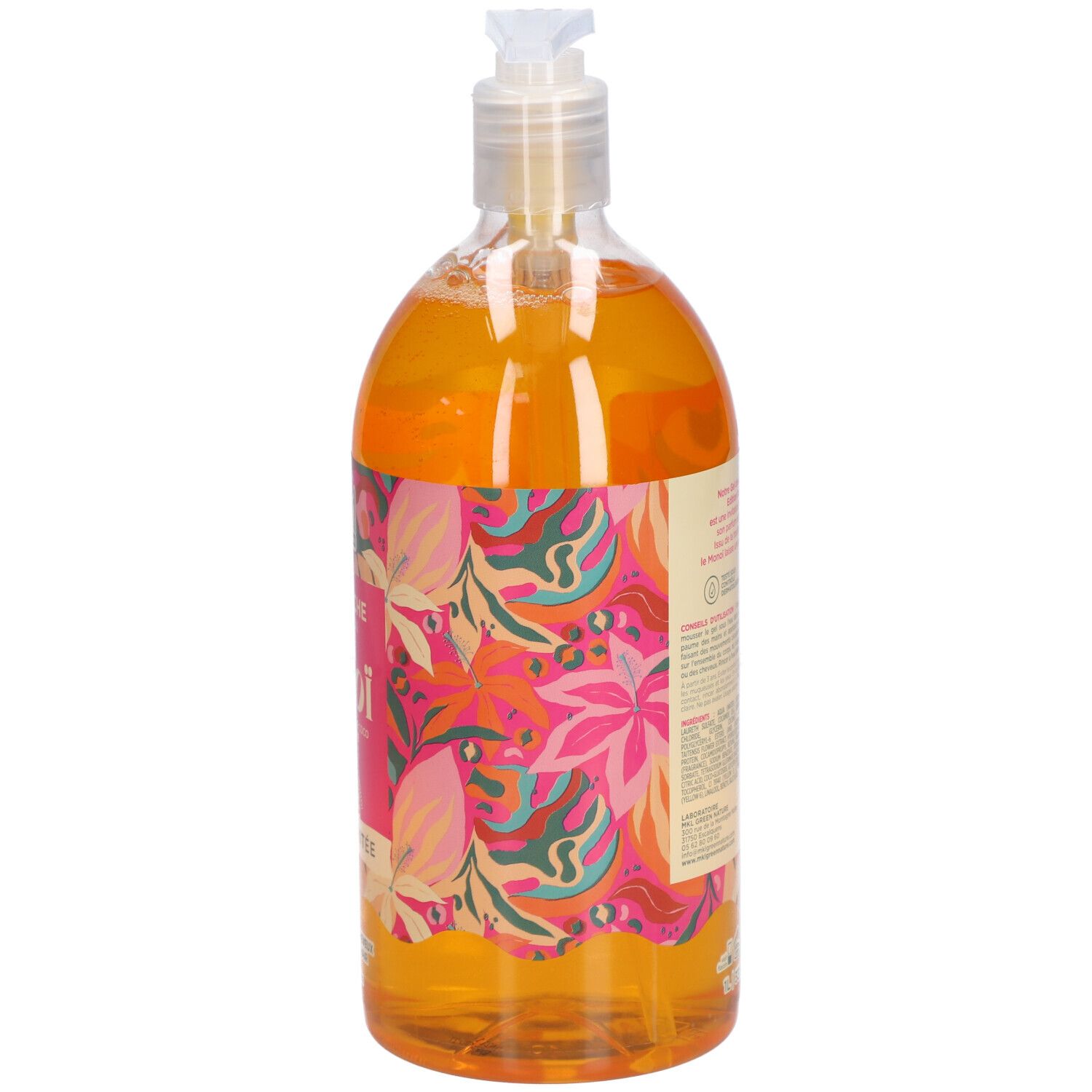 Achterkant van een transparante fles met oranje gel. Etiket met tekst. Pompdop. MKL-logo.