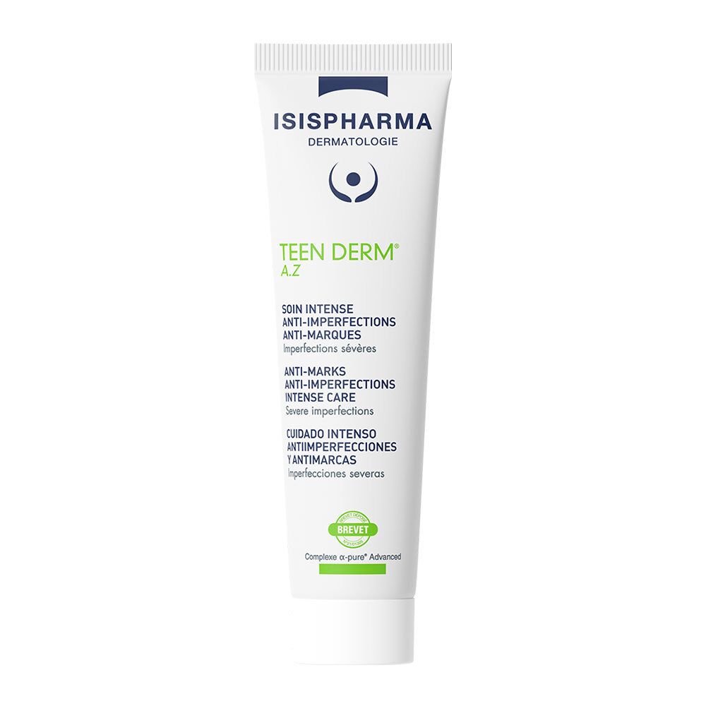 Witte tube met blauwe en groene opdruk. Tekst: ISISPHARMA, Teen Derm A.Z, Anti-imperfecties. Brevet-logo.
