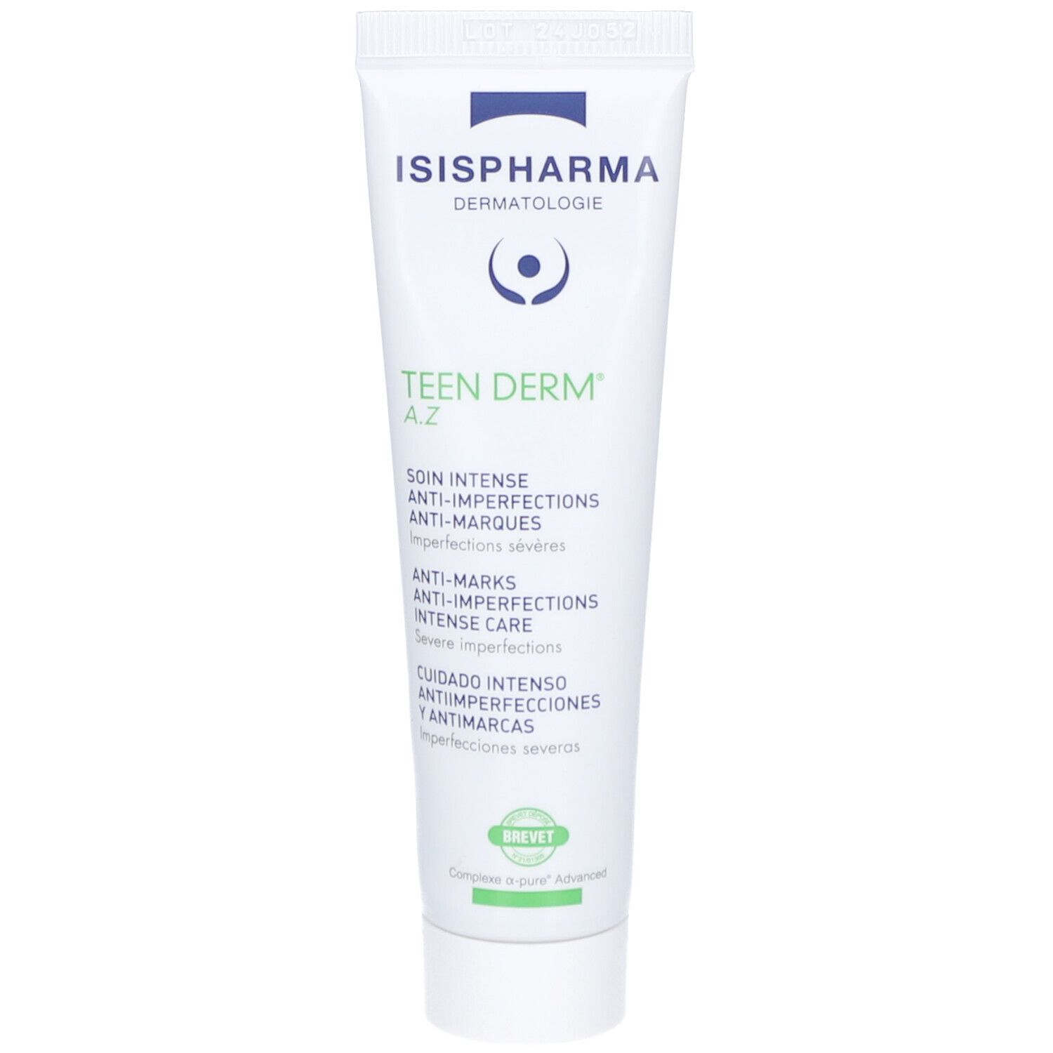 Witte tube met groene en blauwe opdruk. Tekst: ISISPHARMA, Teen Derm A.Z, Anti-imperfecties. Brevet-logo.