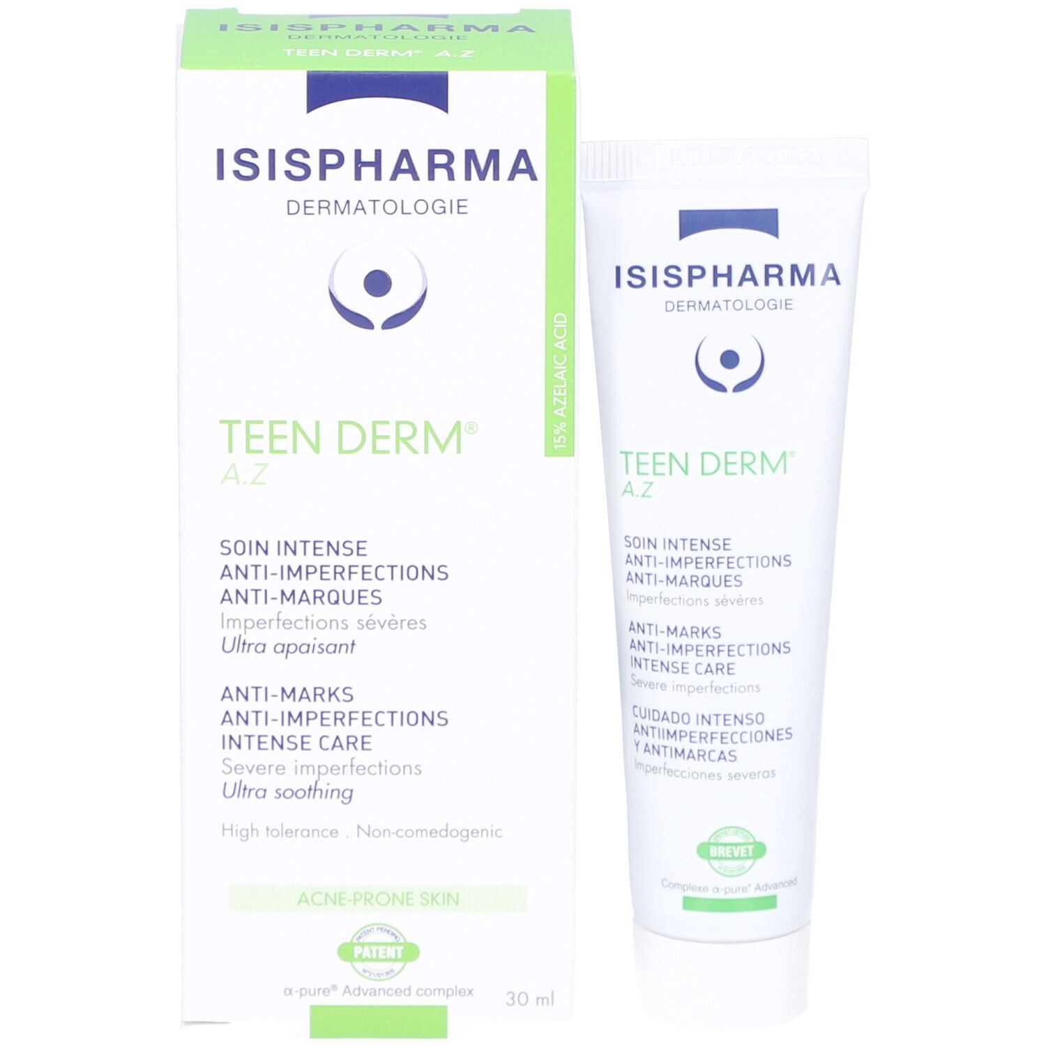 Productverpakking met tube. Kartonnen doos met groen en wit design. Tekst: ISISPHARMA, Teen Derm A.Z, 30 ml. Patent.