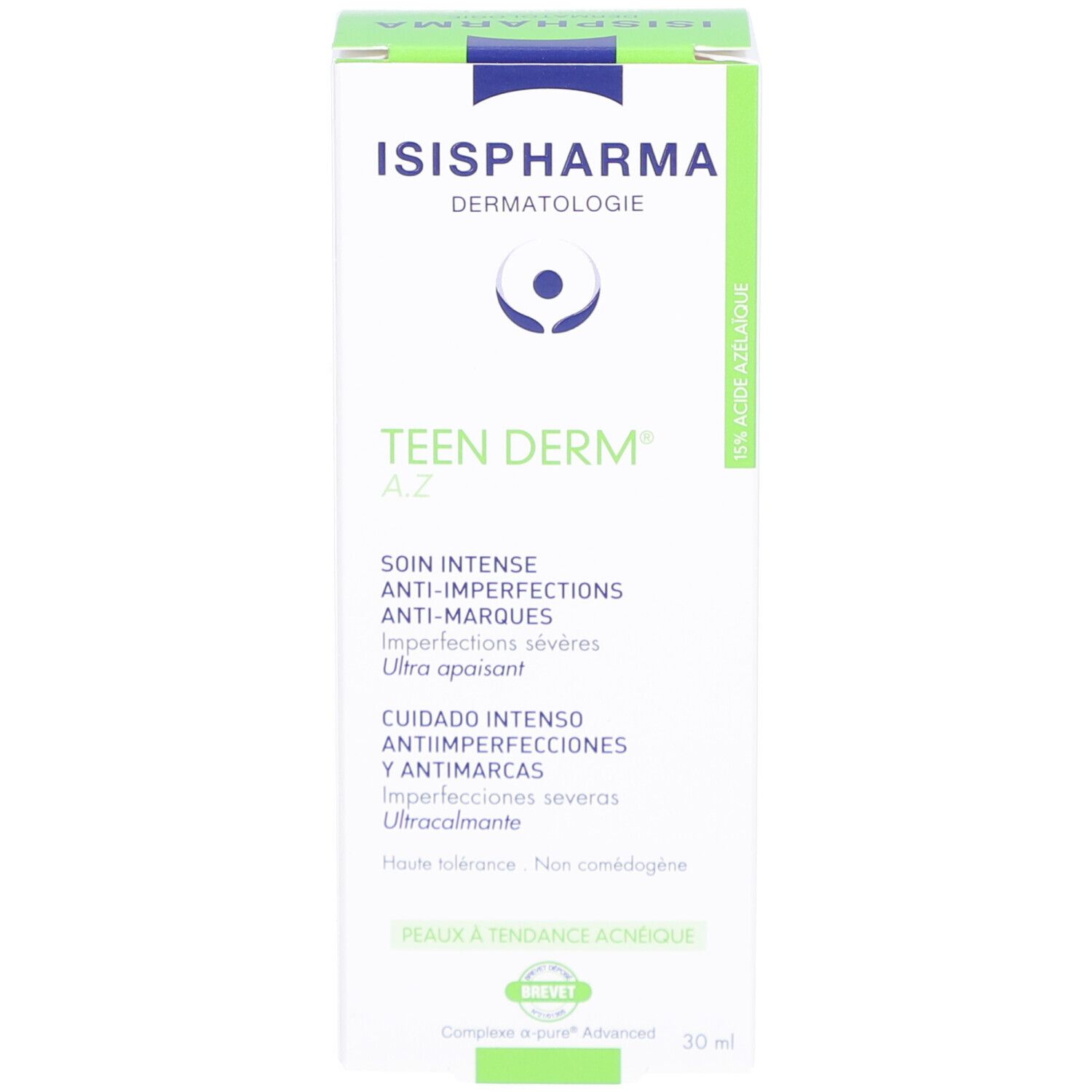 Kartonnen verpakking met groen en wit design. Tekst: ISISPHARMA, Teen Derm A.Z, Anti-imperfecties, 30 ml. Patent.