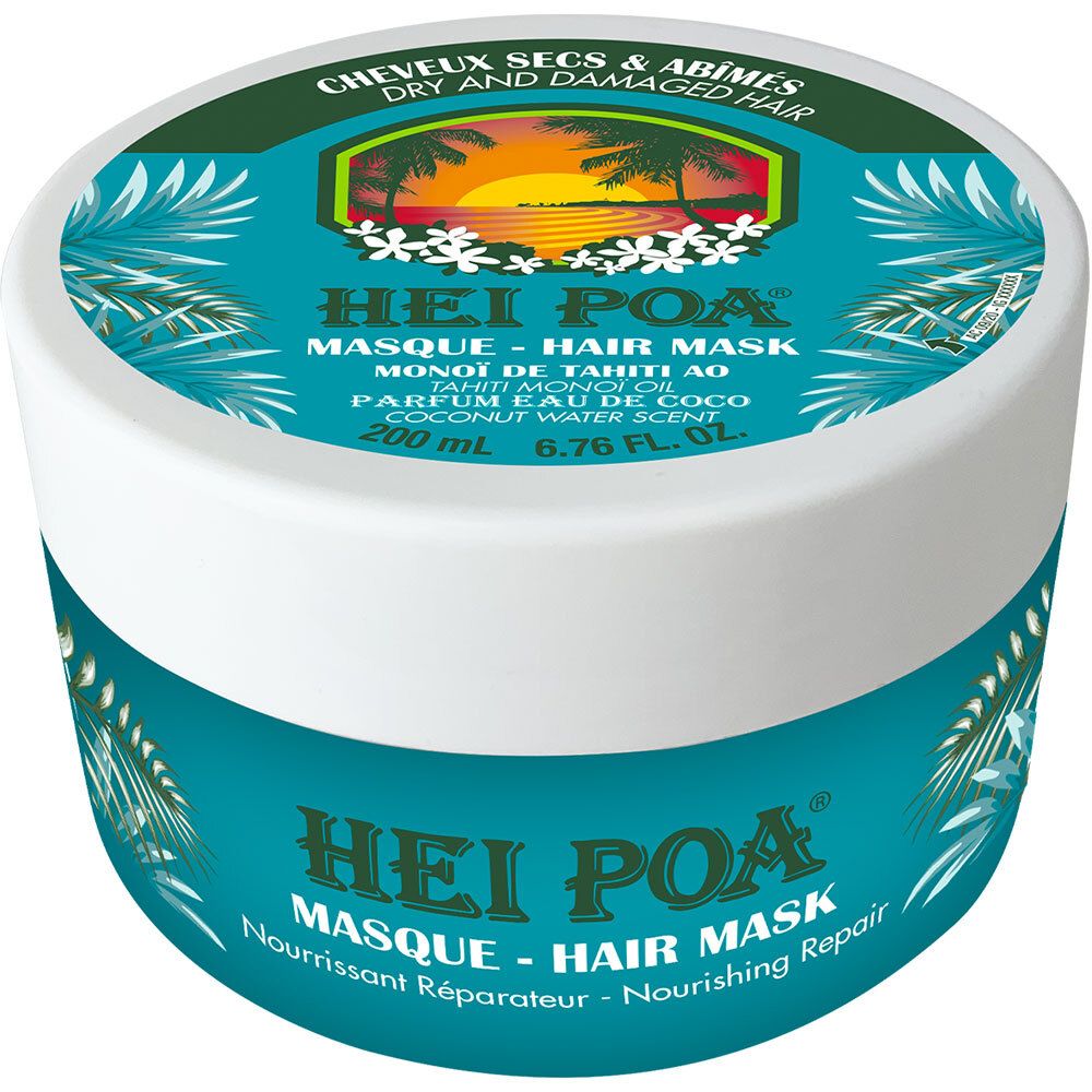 Pot rond de masque capillaire HEI POA®. Design turquoise et blanc avec motif de palmiers et informations produit. Couvercle avec texte.