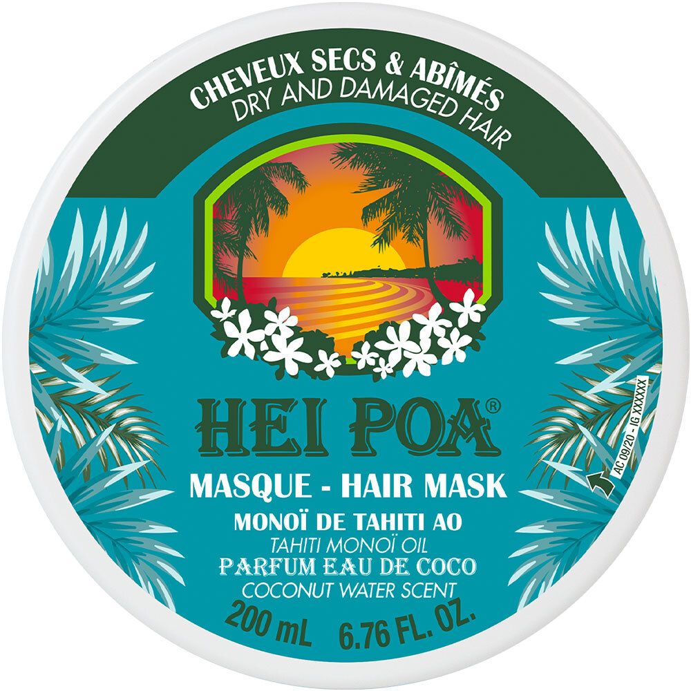 Pot de masque capillaire HEI POA®, vue de dessus. Design turquoise et blanc avec motif de palmiers et informations produit. Texte: Masque - Hair Mask.