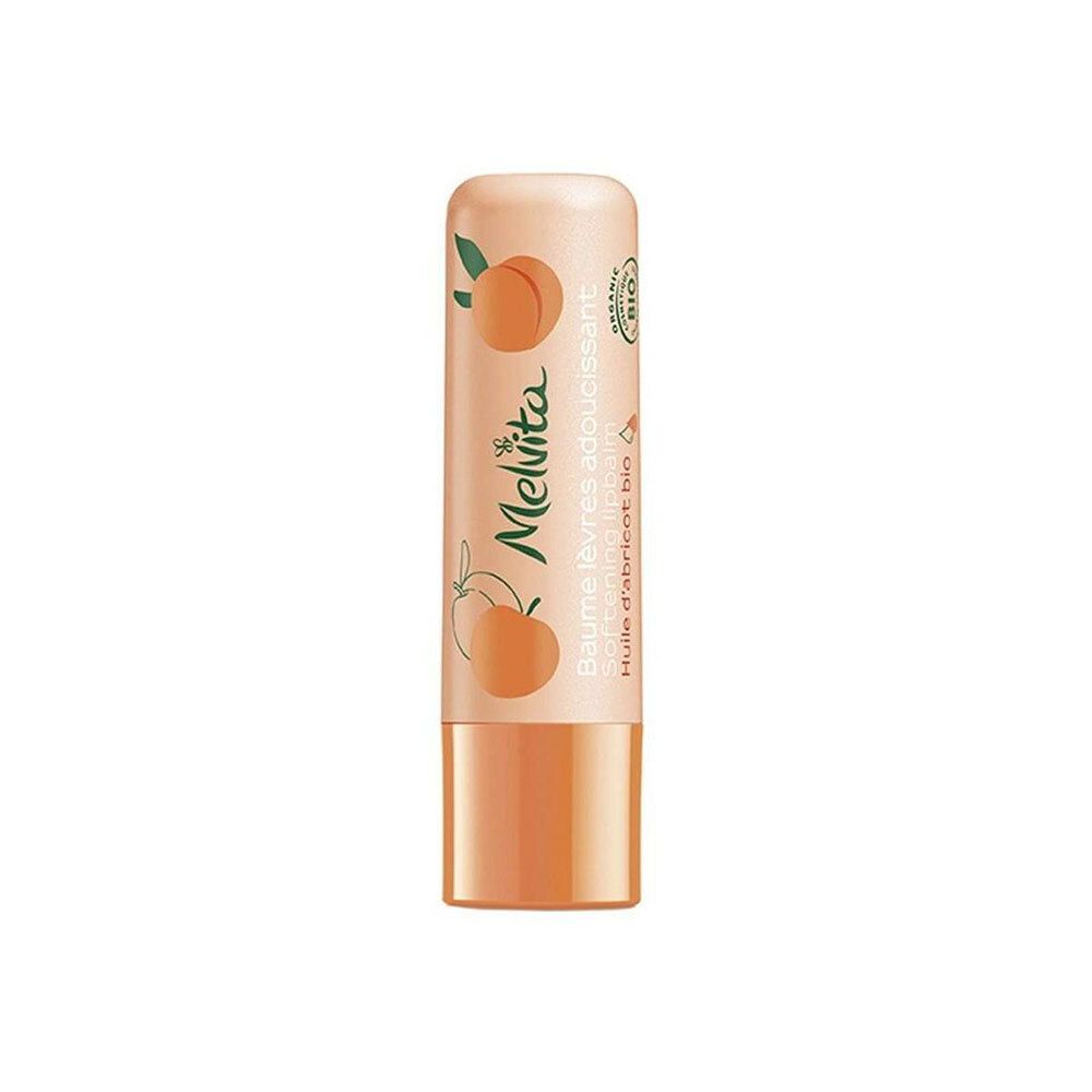 Lipbalsemstift. Cilindrische vorm, abrikooskleurig. Opschrift: Melvita, Baume lèvres adoucissant, Huile d'abricot bio. Bio-keurmerk.
