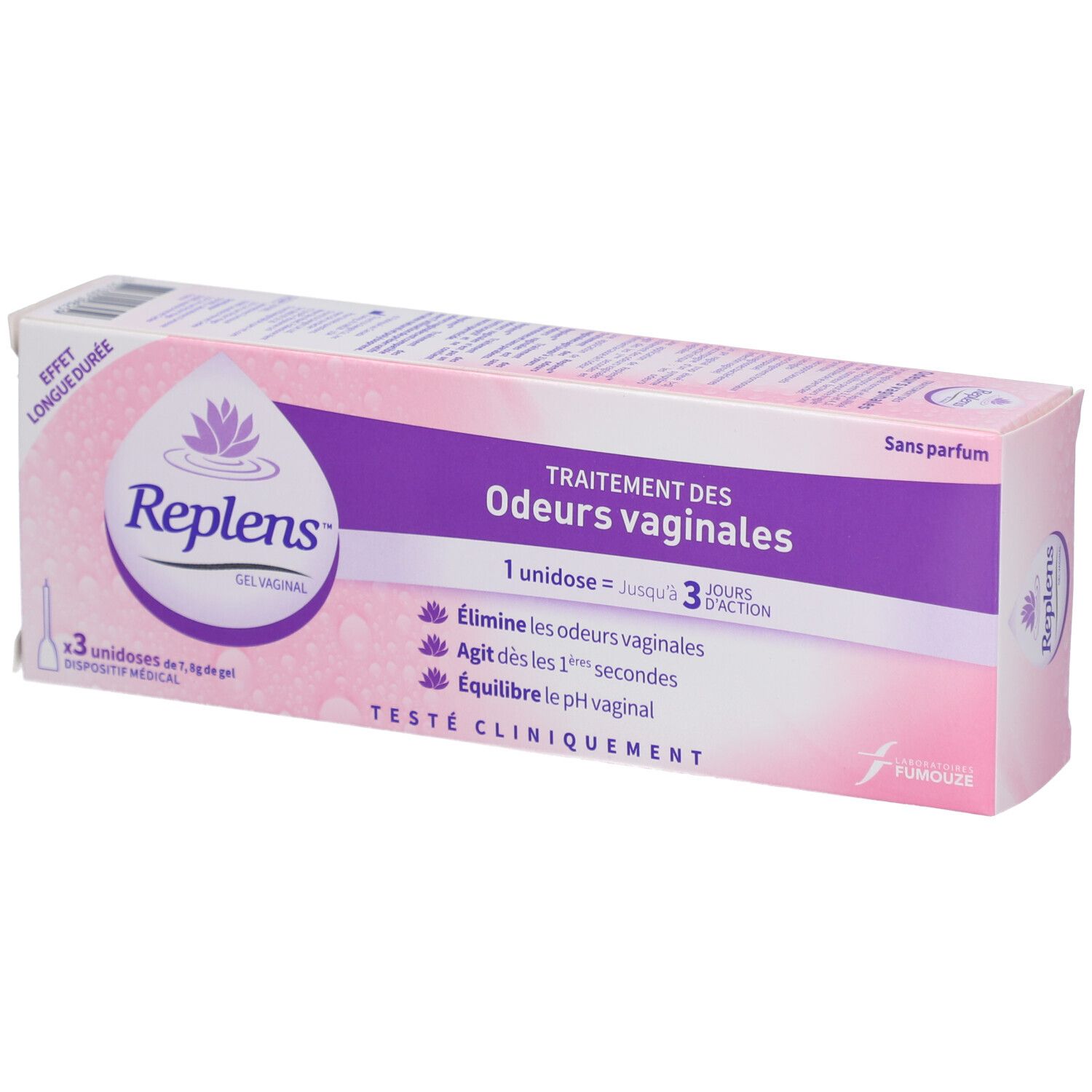 Replens vaginale gel verpakking, vooraanzicht, gericht op geurbehandeling.