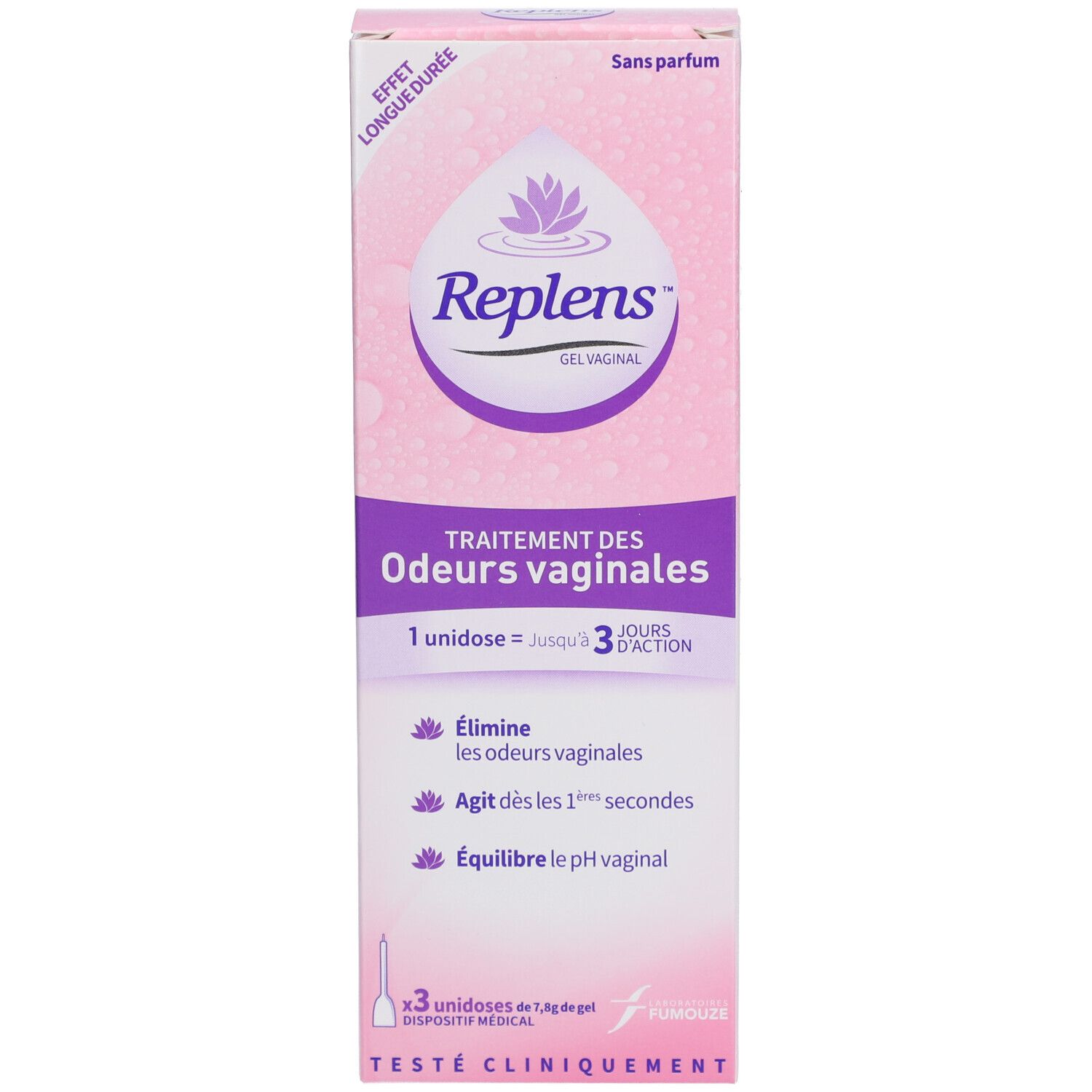 Replens vaginale gel verpakking, vooraanzicht, gericht op geurbehandeling.