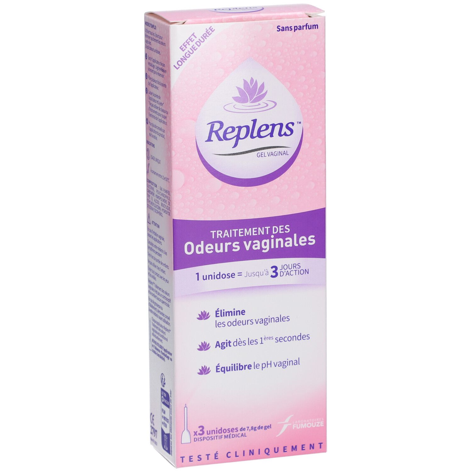 Replens vaginale gel verpakking, vooraanzicht, gericht op geurbehandeling.