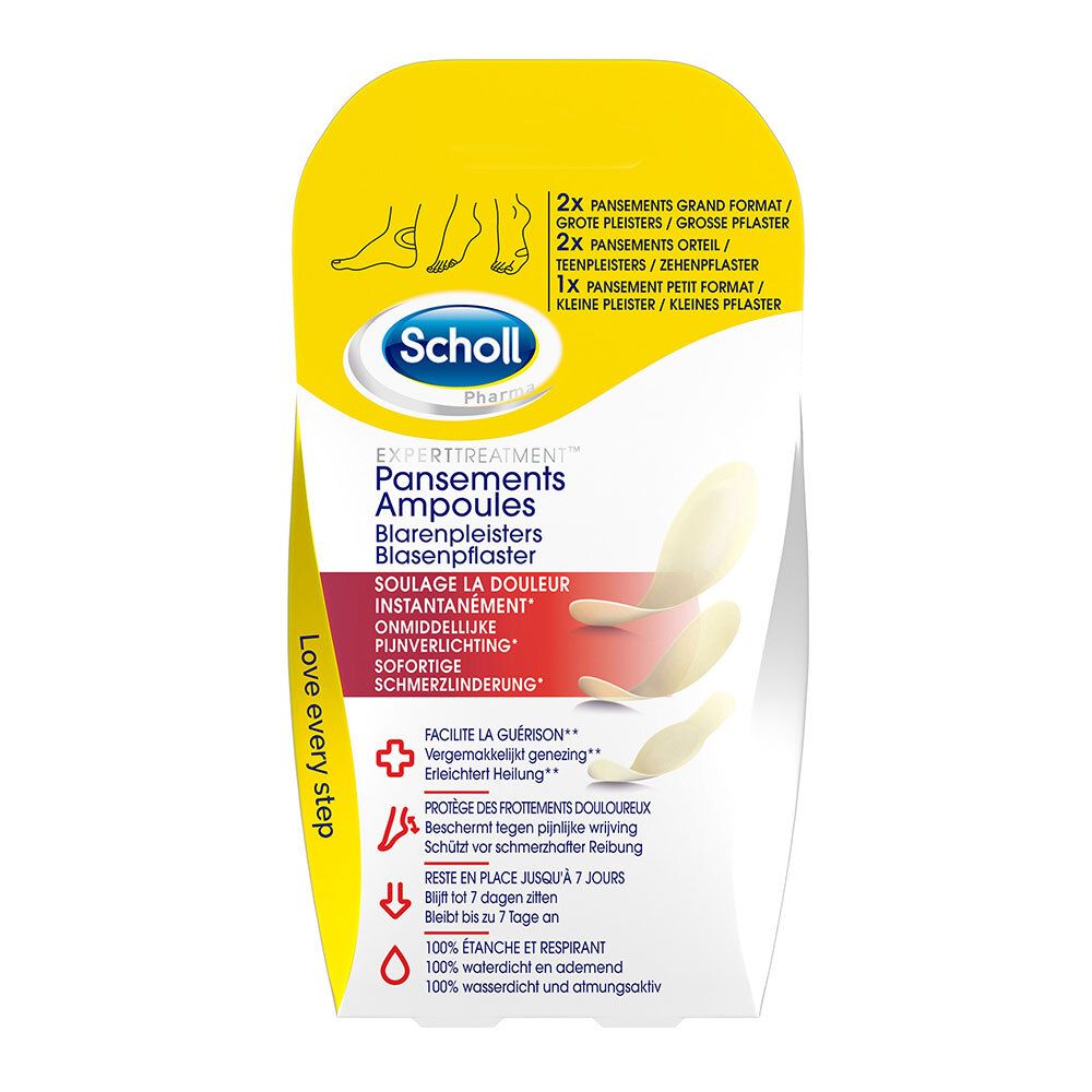 Paquet de pansements Scholl pour ampoules. Différentes tailles pour talons et orteils. Emballage jaune avec informations.