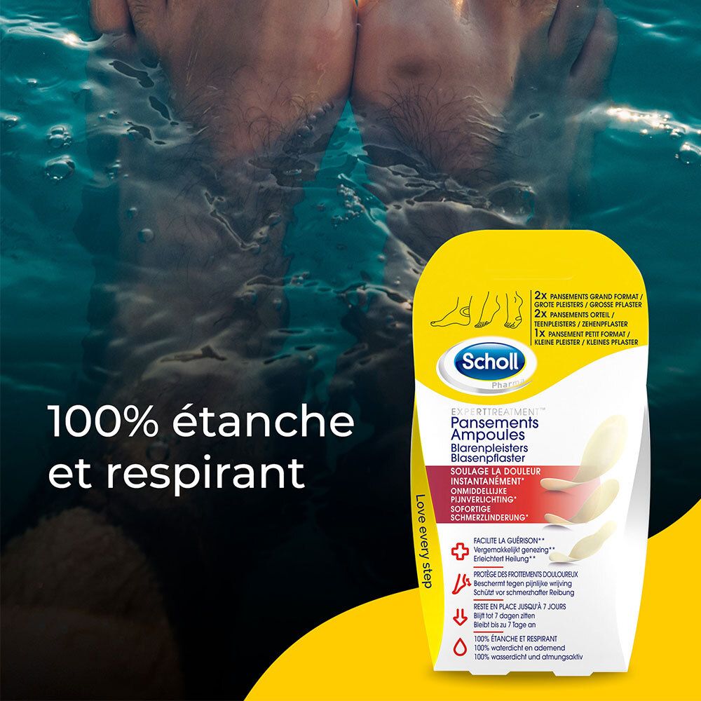 Pieds dans l'eau. À côté, un emballage jaune Scholl avec des pansements pour ampoules.